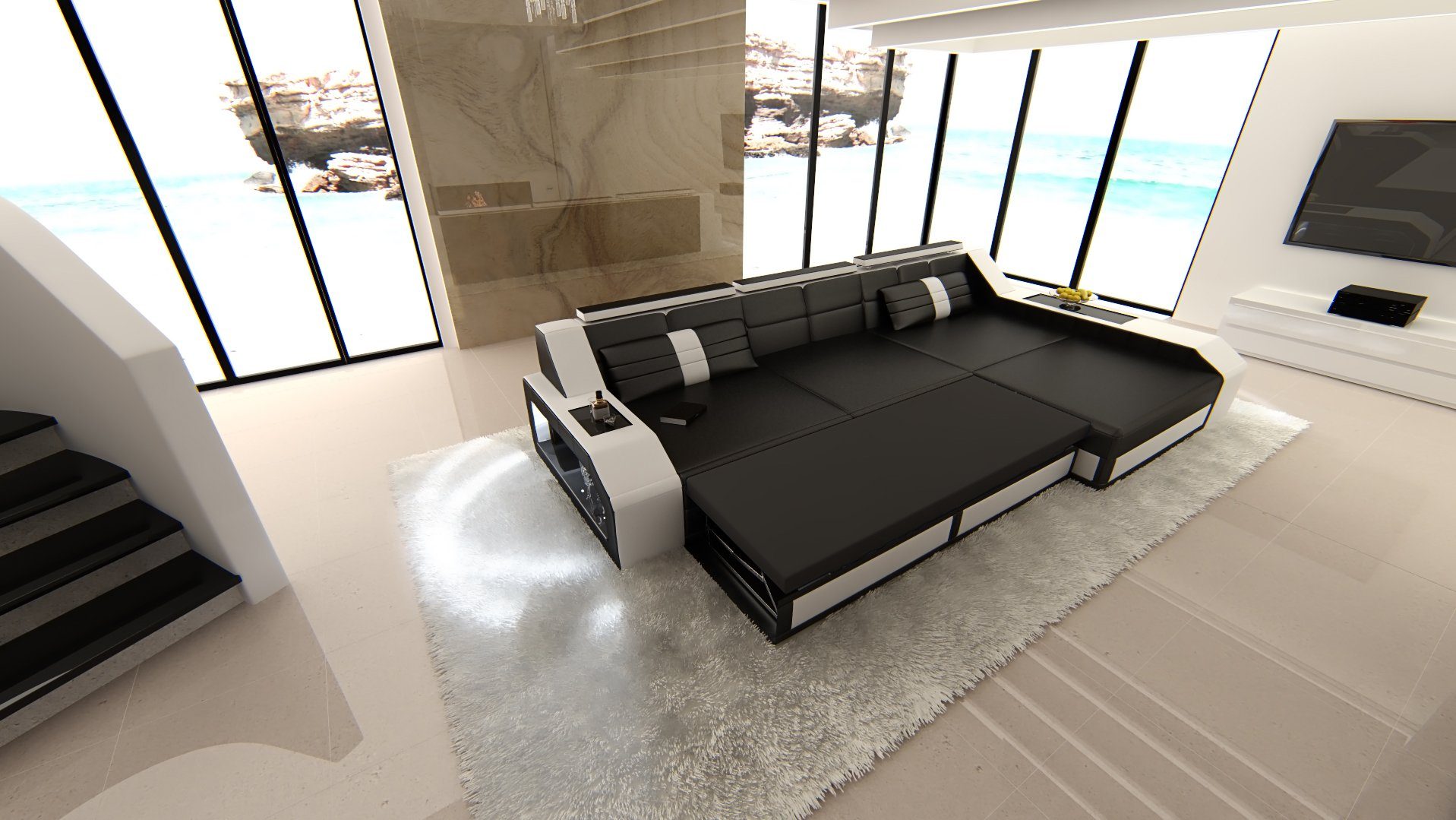 Sofa Dreams Ecksofa Stoffsofa Polster Couch Arezzo L Form Stoff Polstersofa, mit LED, wahlweise mit Bettfunktion als Schlafsofa, Designersofa