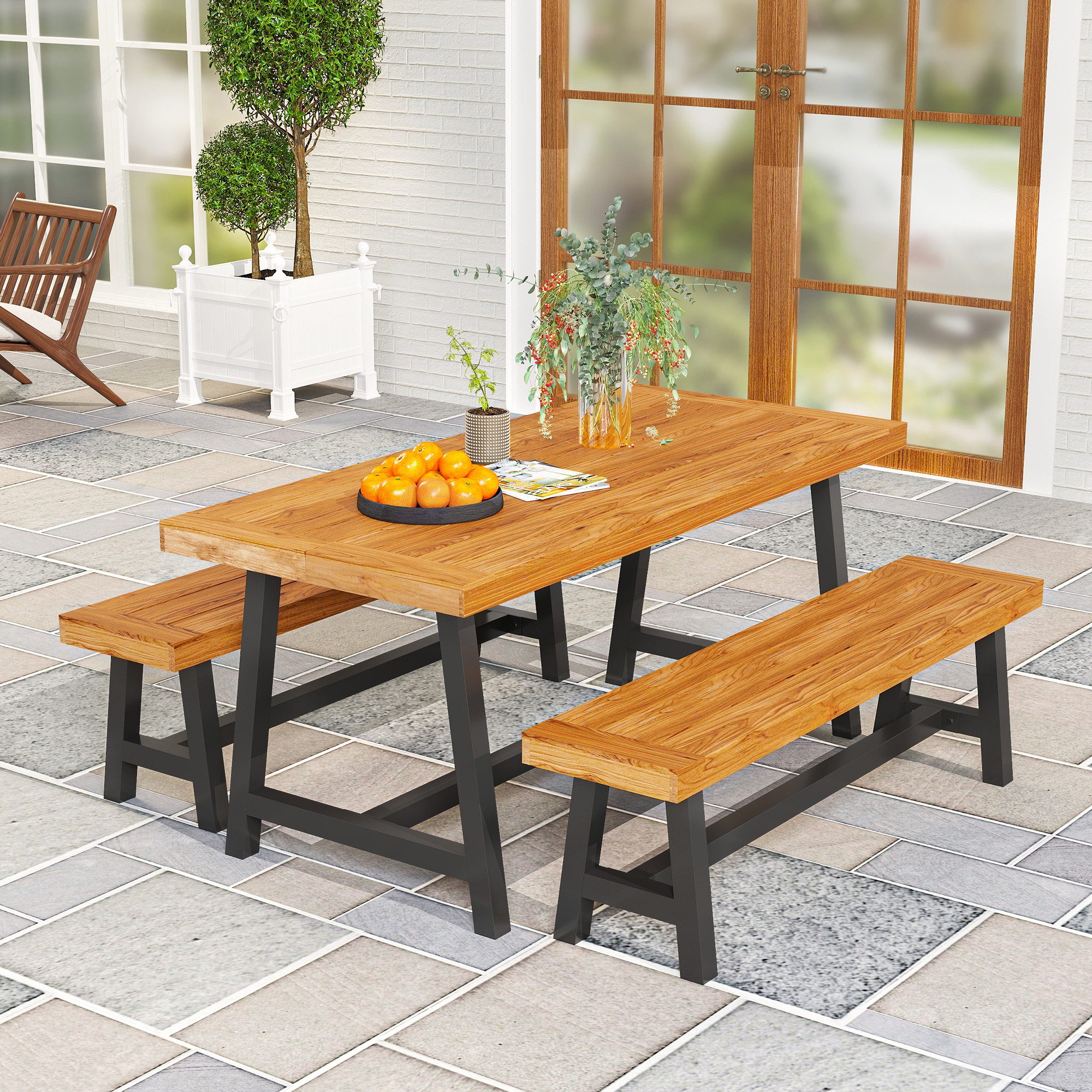 Outsunny Garten-Essgruppe im Lamellendesign, 2 Bänke, Holztisch, (Holz Essgruppe für 4 Personen, 3-tlg., 3-teilig Sitzgruppe), für Terrasse, Balkon, Teak