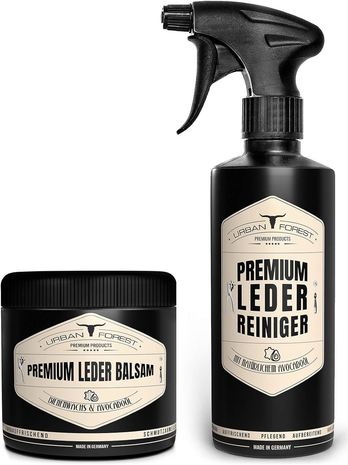 URBAN FOREST Lederreiniger + Lederbalsam als Sparset 500ml + Leder Balsam 250ml Lederreiniger (1-St. für sämtliche Glattlederobeflächen)