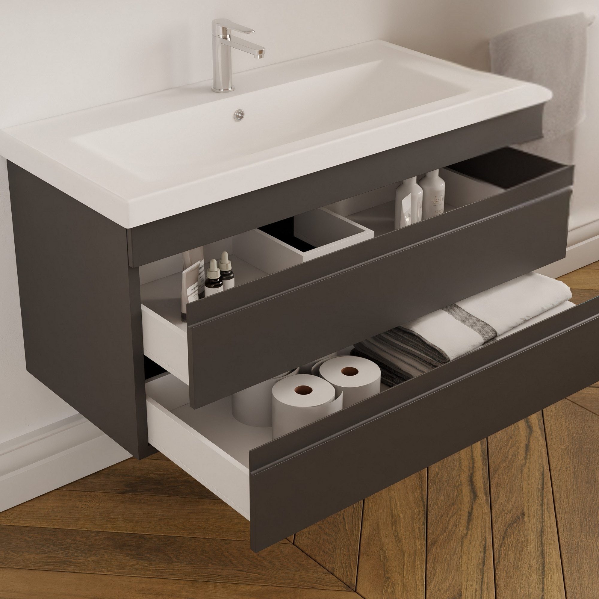 Karen Waschtisch-Set Waschtisch mit Unterschrank Lara, (Komplett-Set, Standartmäßig 2-Teilig (Unterschrank, Waschbecken), Optionaler Hochschrank, 2-St., Unterschrank mit Schubladen), Minimalistisch, Geradlinig, Matt-Beschichtung, Softclose, Griffleisten