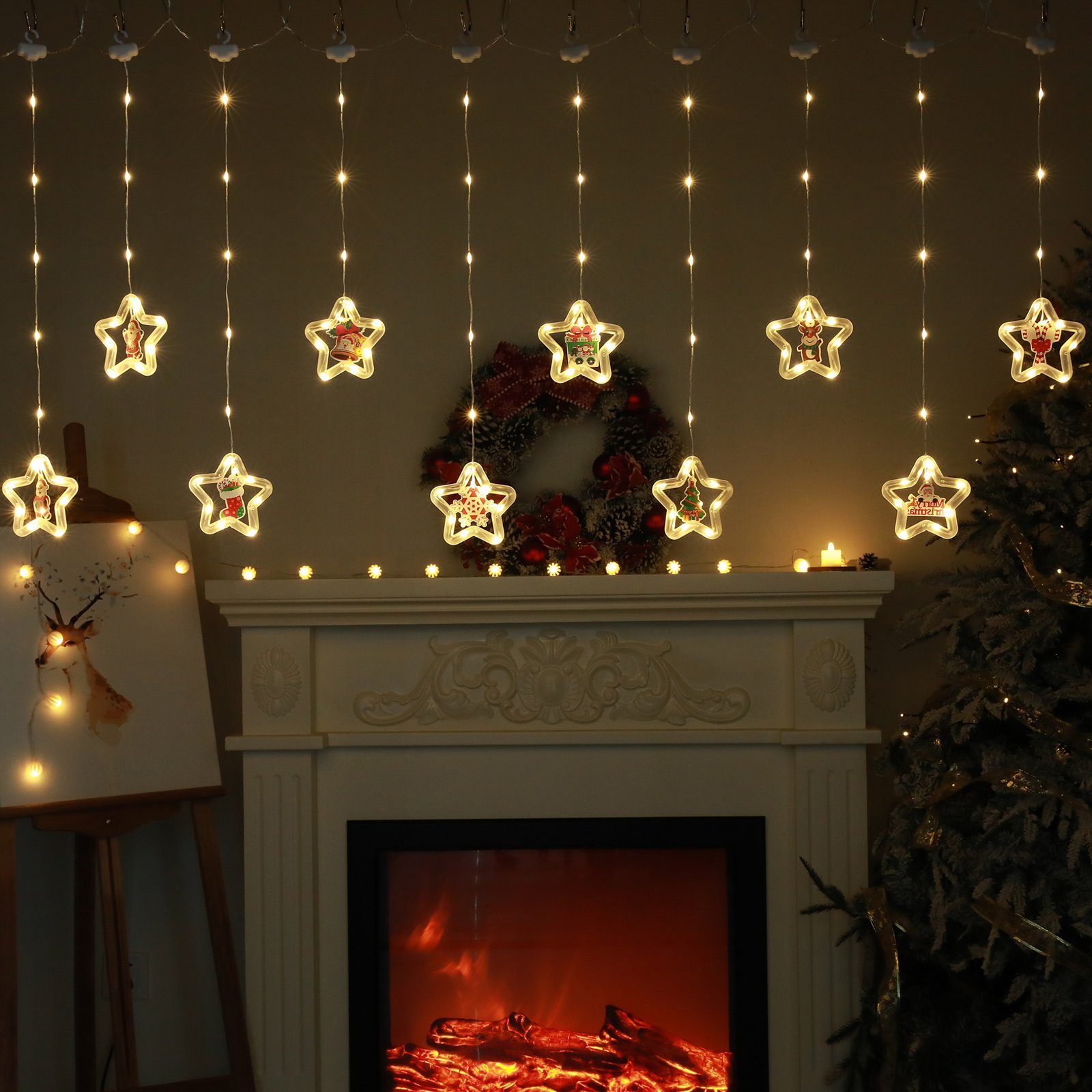 MUPOO LED-Lichtervorhang Modi Fernbedienung,für Weihnachts-Fensterbeleuchtung, LED-Lichterketten 8 Warmweiß USB/Batterie Innen,Außen,Garten,Hinterhof,Party-Dekoration