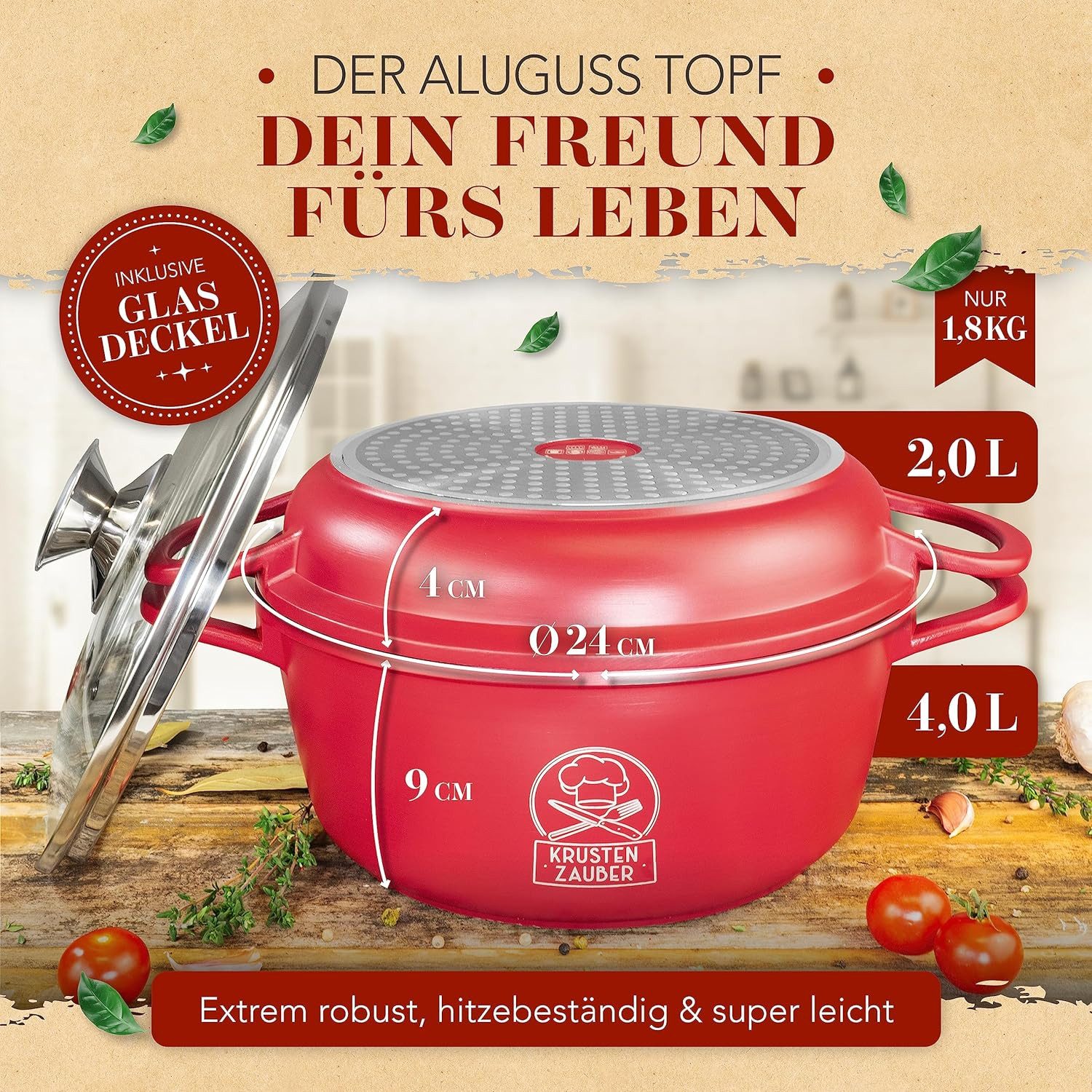 Krustenzauber Bräter Aluguss Bräter mit Deckel backofengeeignet [inkl. Glasdeckel] -, (Aluminium Schmortopf & Bratpfanne), Idealer Bräter Induktion, Schmorpfanne, Bratentopf, Gussbräter