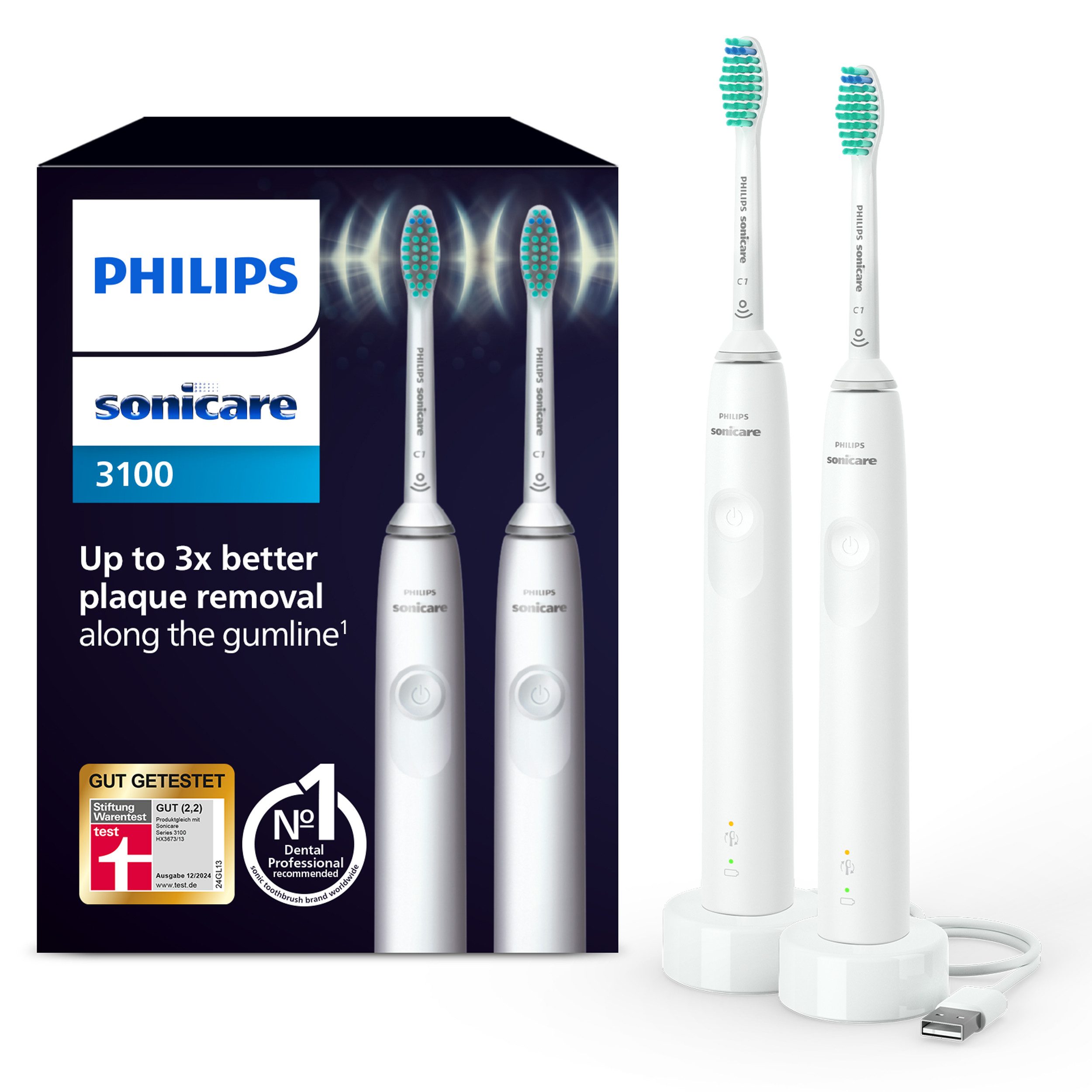 Philips Sonicare Elektrische Zahnbürste Series 3100 HX3675/13, Aufsteckbürsten: 2 St., Doppelpack, mit 4-Quadranten-Timer und 2-Minuten-Timer