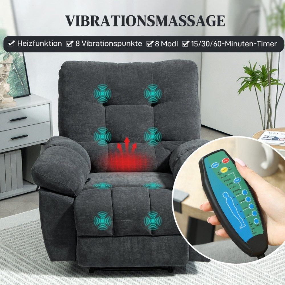 BBG Massagesessel Massage Relaxsessel mit Heizfunktion & Liegefunktion bis 150° (TV Sessel mit 8 Vibrationspunkten), ergonomischer Polstersessel gegen Rückenschmerzen, platzsparend