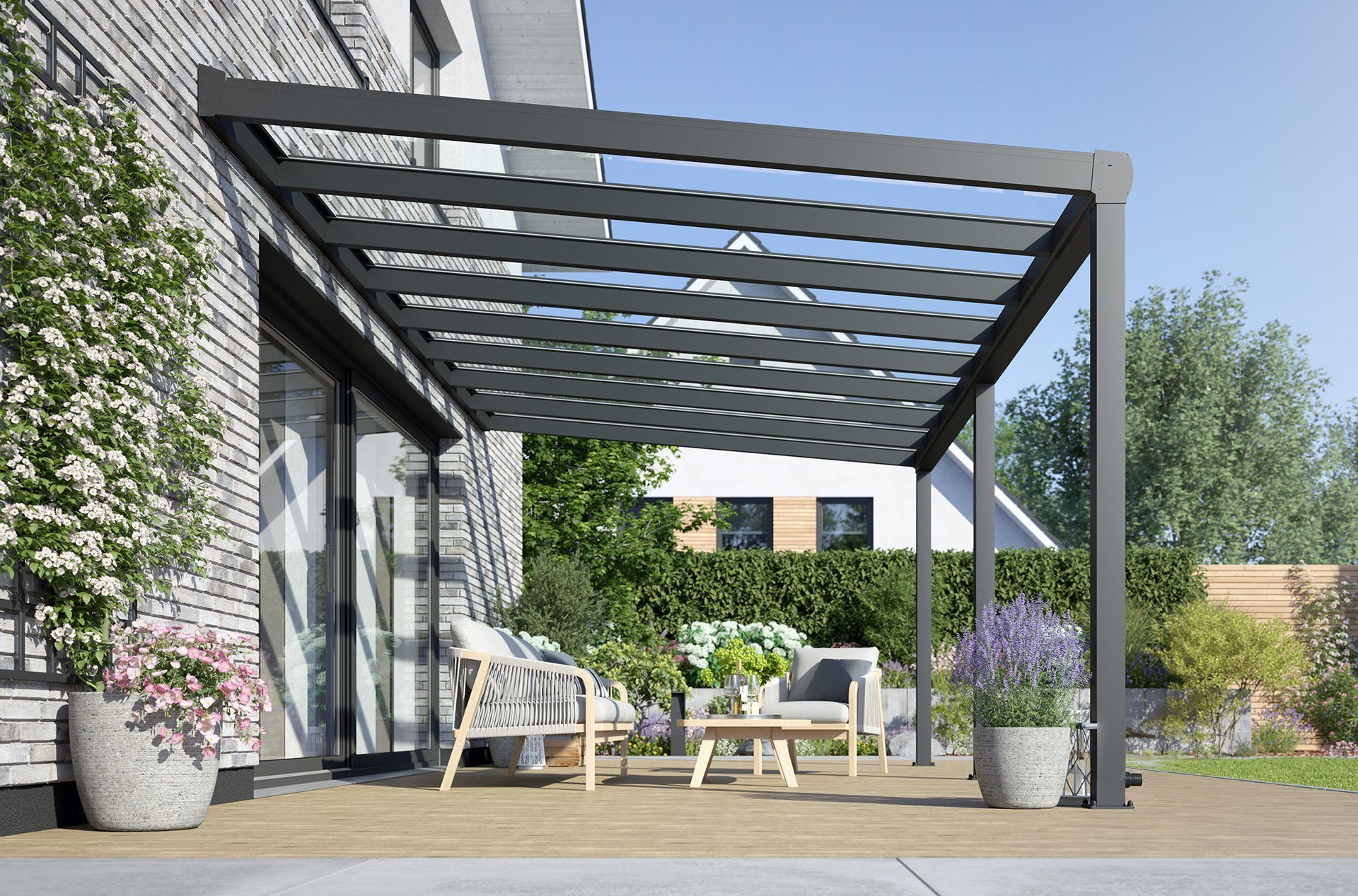 Rexin Terrassendach REXOpremium – hochwertiges Aluminium Terrassendach 6m x 2m, BxT: 606x200 cm, Bedachung VSG-Glas klar oder VSG-Glas grau, mit 4mm starken Profilen, Terassenüberdachung, Vordach