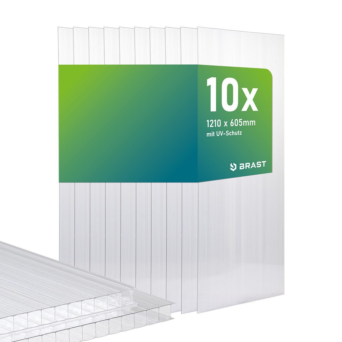 BRAST Doppelstegplatte Hohlkammerplatten 6mm, viele Varianten, Polycarbonat, 6 mm, 7,3 m², (10-St., UV-beständig, witterungsbeständig, bruchstabil & zuschneidbar), Geeignet für Gewächshäuser, Gartenhäuser Überdachungen & Carportdächer