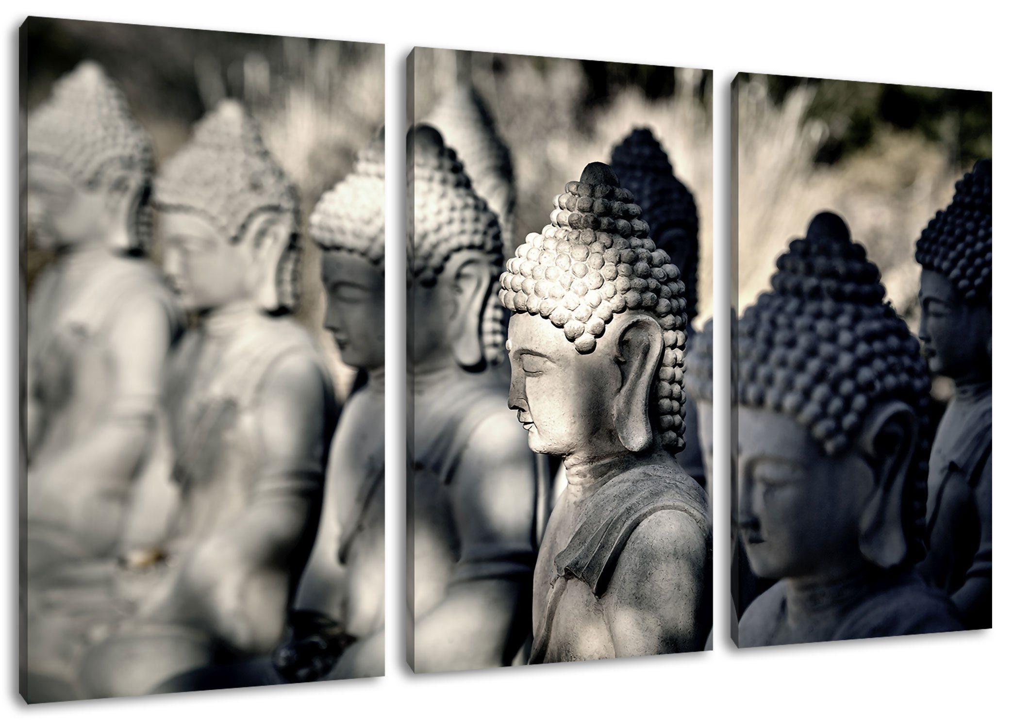 Pixxprint Leinwandbild Buddha-Statuen in Leinwandbild inkl. St), 3Teiler Reihe fertig Buddha-Statuen Zackenaufhänger einer (120x80cm) in bespannt, Reihe, einer (1