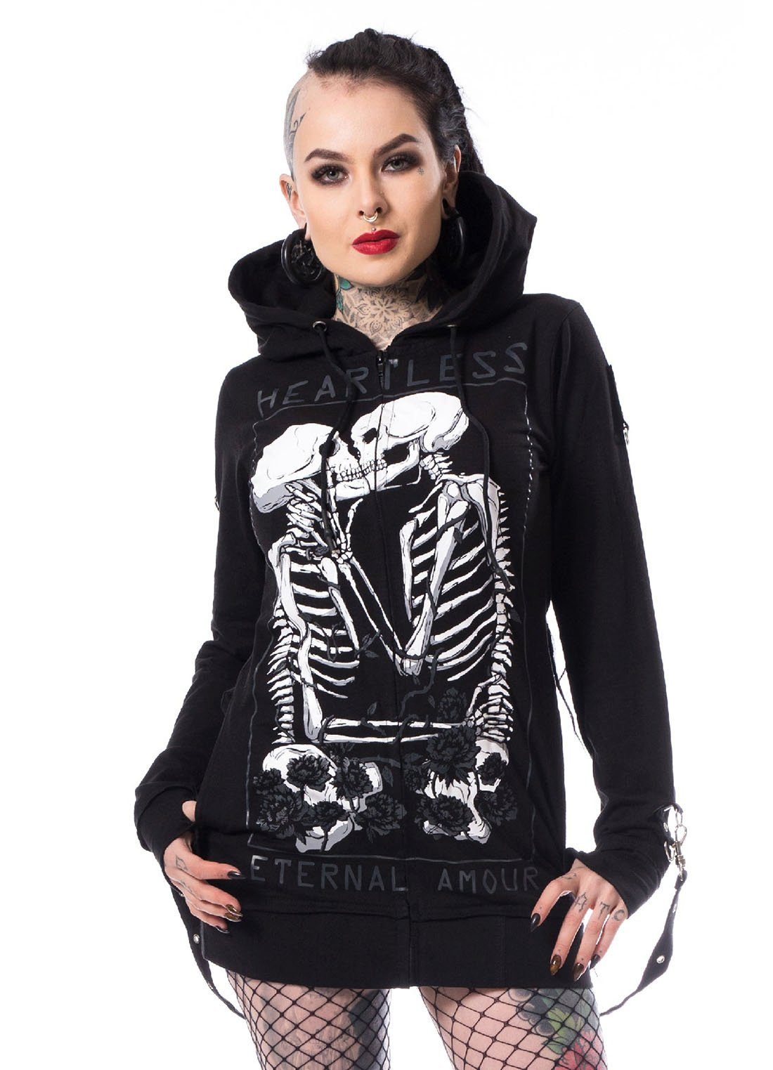 Heartless Kapuzensweatshirt Kapuzenjacke Karin Hood Gothic Riemen Punk Strapsen Skelett Kuss Print