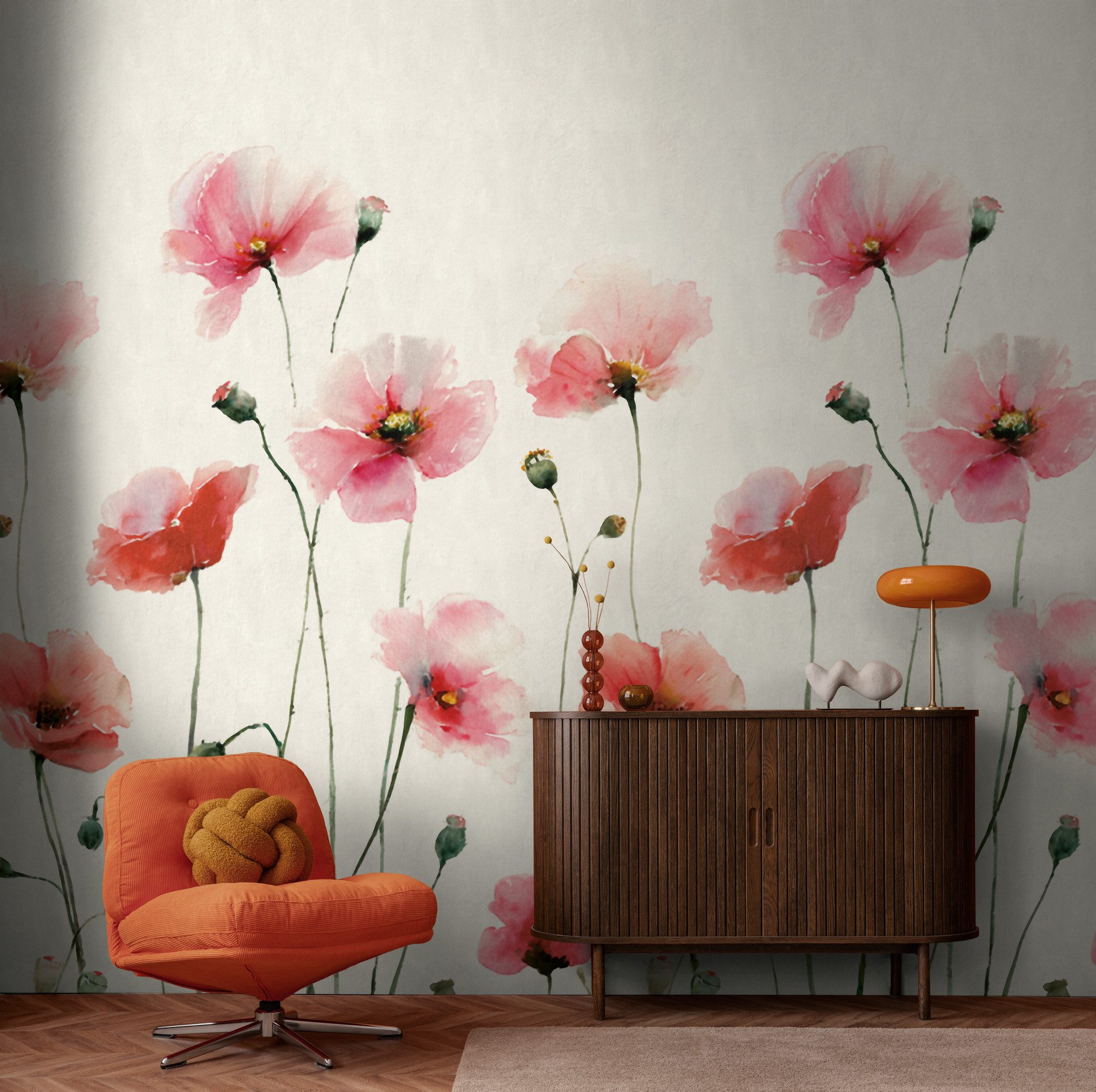 living walls Fototapete The Wall 4 Flowers – Aquarell-Mohnblumen Vlies-Fototapete, leicht strukturiert, floral, matt, botanisch, (1 St), Aquarell-Mohnblumen mit fließender Tiefenwirkung