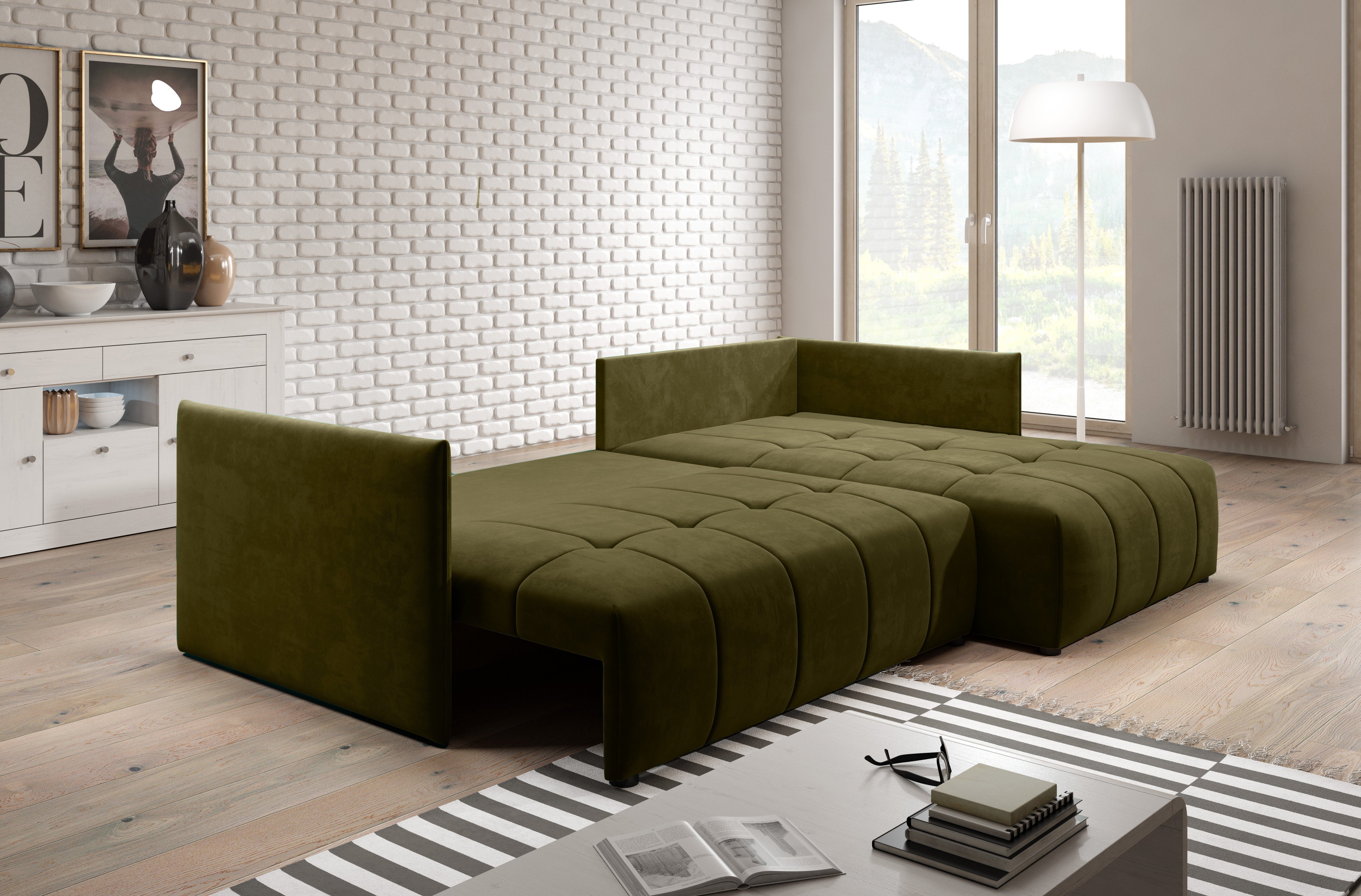 Furnix Ecksofa YALTA MH38 in Europe mit ausziehbar Couch Kissen, Schlafsofa Moos Grün Bettkasten Made und