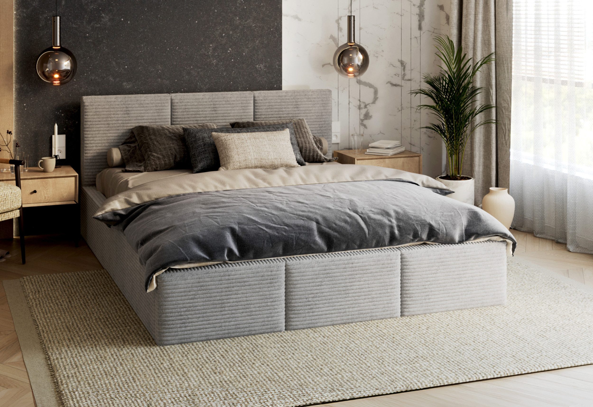 FDM Polsterbett AMBER modern mit Bettkasten MADE IN EU - mit Cord Bezug (verfügbar 90x200 120x200 140x200 160x200 180x200cm, Bettrahmen, Bett, mit großen gepolsterten Kopfteil, mit Bettkasten zum aufklappen), Hebbarer Metallrahmen, Bettkasten, mit/ohne Matratze