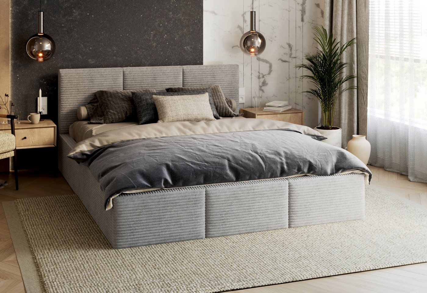 FDM Polsterbett AMBER modern mit Bettkasten MADE IN EU - mit Cord Bezug (verfügbar 90x200 120x200 140x200 160x200 180x200cm, Bettrahmen, Bett, mit großen gepolsterten Kopfteil, mit Bettkasten zum aufklappen), Hebbarer Metallrahmen, Bettkasten, mit/ohne Matratze