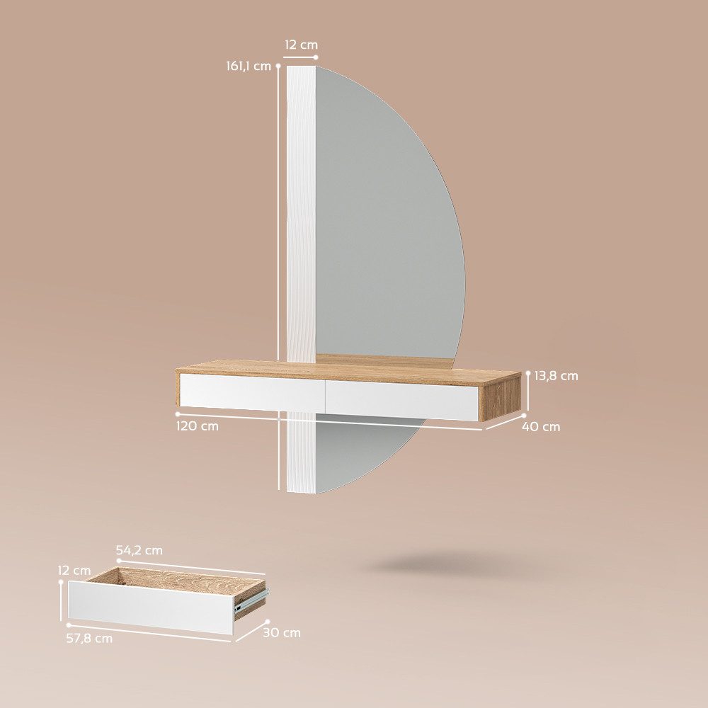 Livinity® Schminktisch Ascona, Weiß/Eiche, 120 cm mit LED Beleuchtung (1-St)