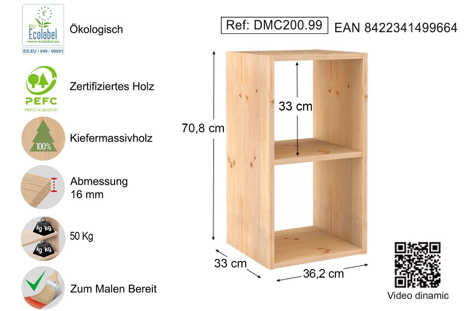 Astigarraga Kit Line Standregal Dinamic Würfel Holzregal Schrankmodul, Kiefernholz, modular kombinierbar, 2x1 Fächer (33x36,2x70,8cm)