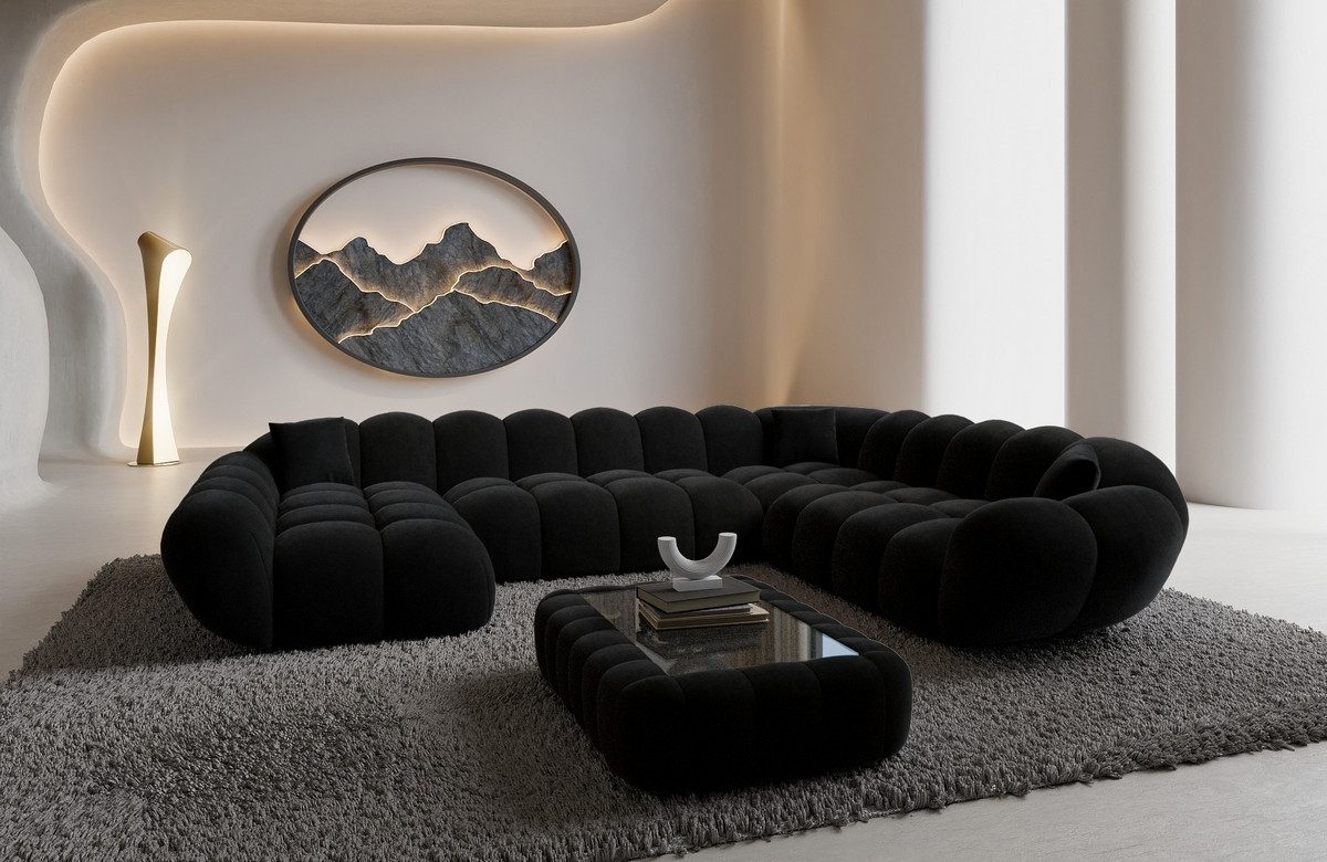 Sofa Dreams Wohnlandschaft Maleron XXL Polster Couch, Stoffsofa, 6-Sitzer, Ottomane links, Samtstoff in Schwarz