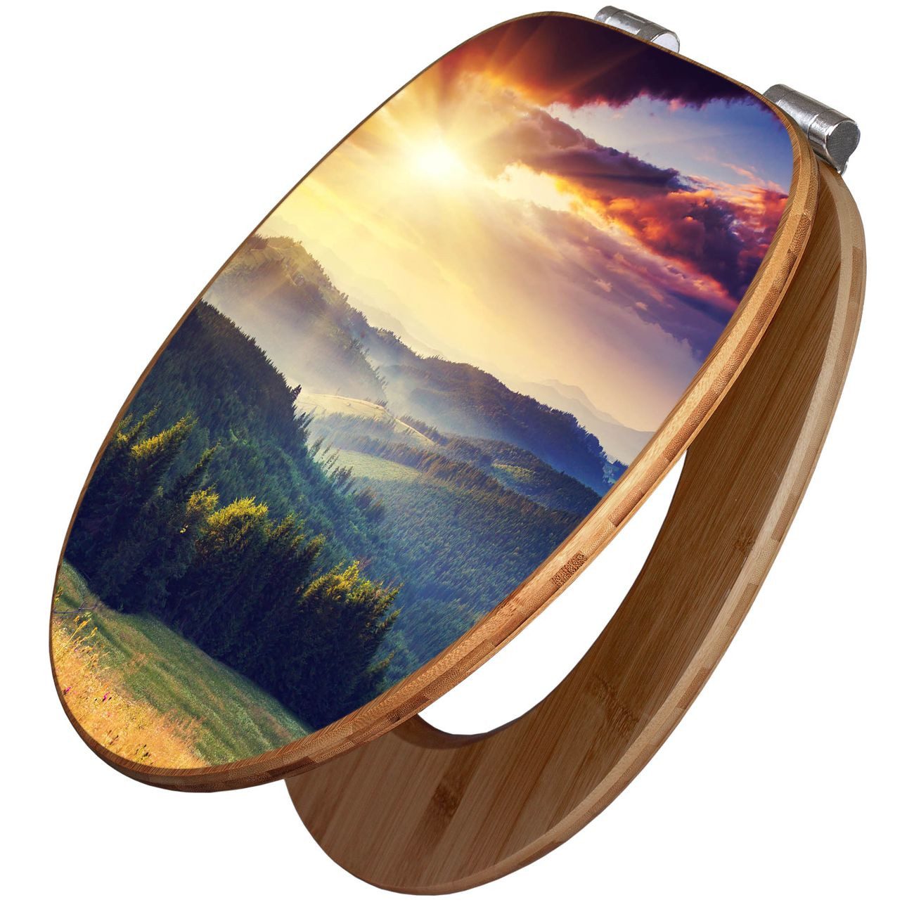 banjado WC-Sitz aus Bambus mit Absenkautomatik Motiv Karpaten Sonnenuntergang (umweltfreundliches Material, integrierte Absenkautomatik), 45,8 x 37,5 x 5 cm