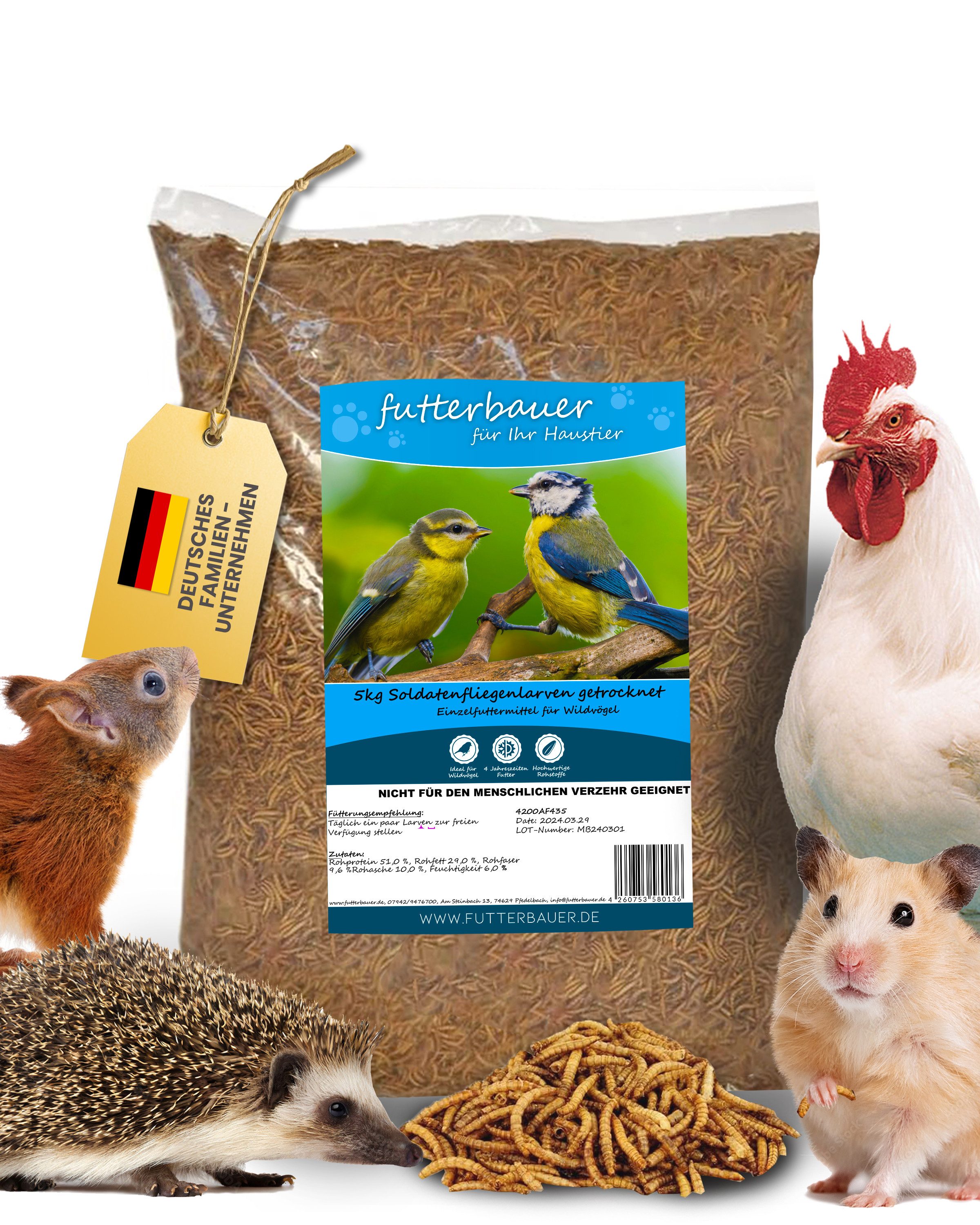 futterbauer 5kg Futterbauer Soldatenfliegenlarven Vogelfutter, Fischfutter, für: Vogel