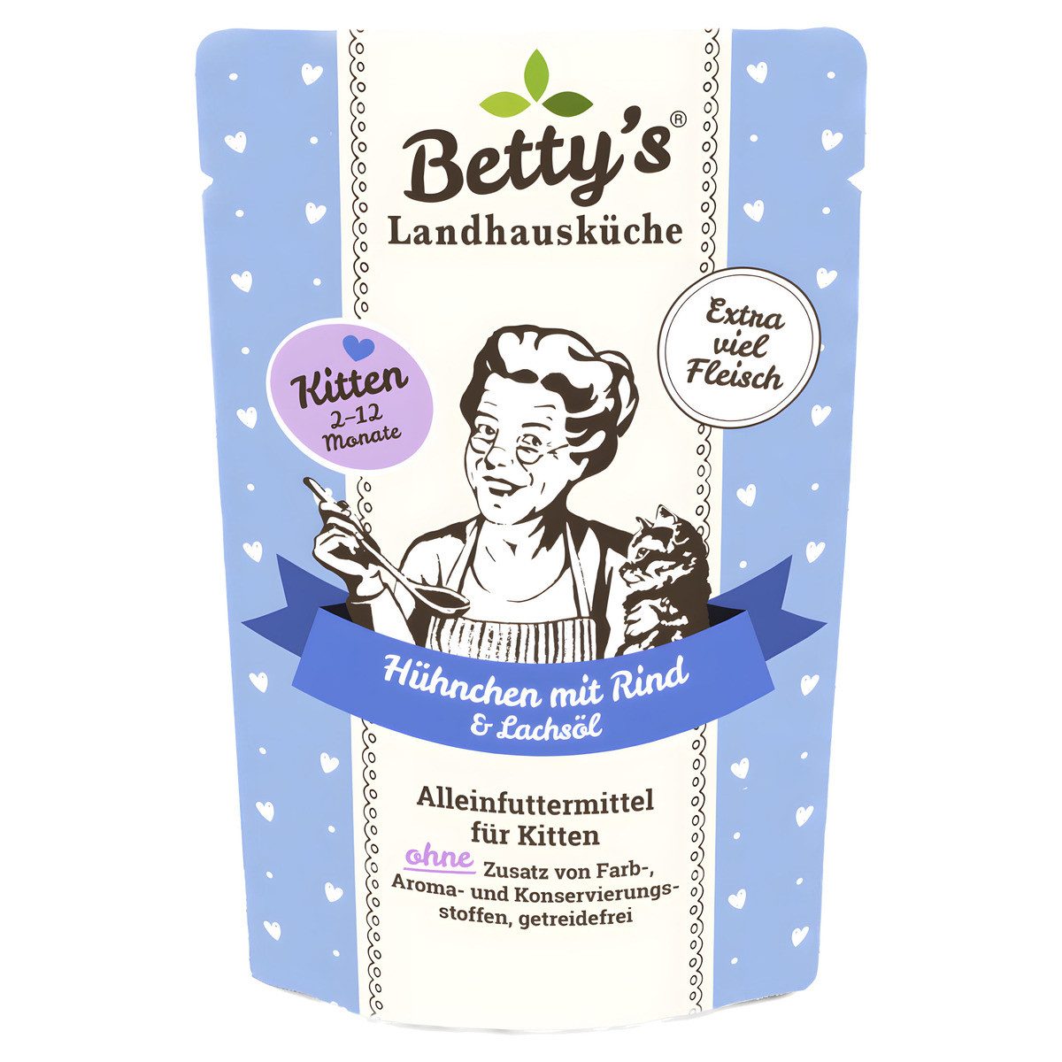 Bettys Landhausküche für Kitten Hühnchen mit Rind & Lachsöl 100 g - 12 Stück, Nassfutter für: Katze
