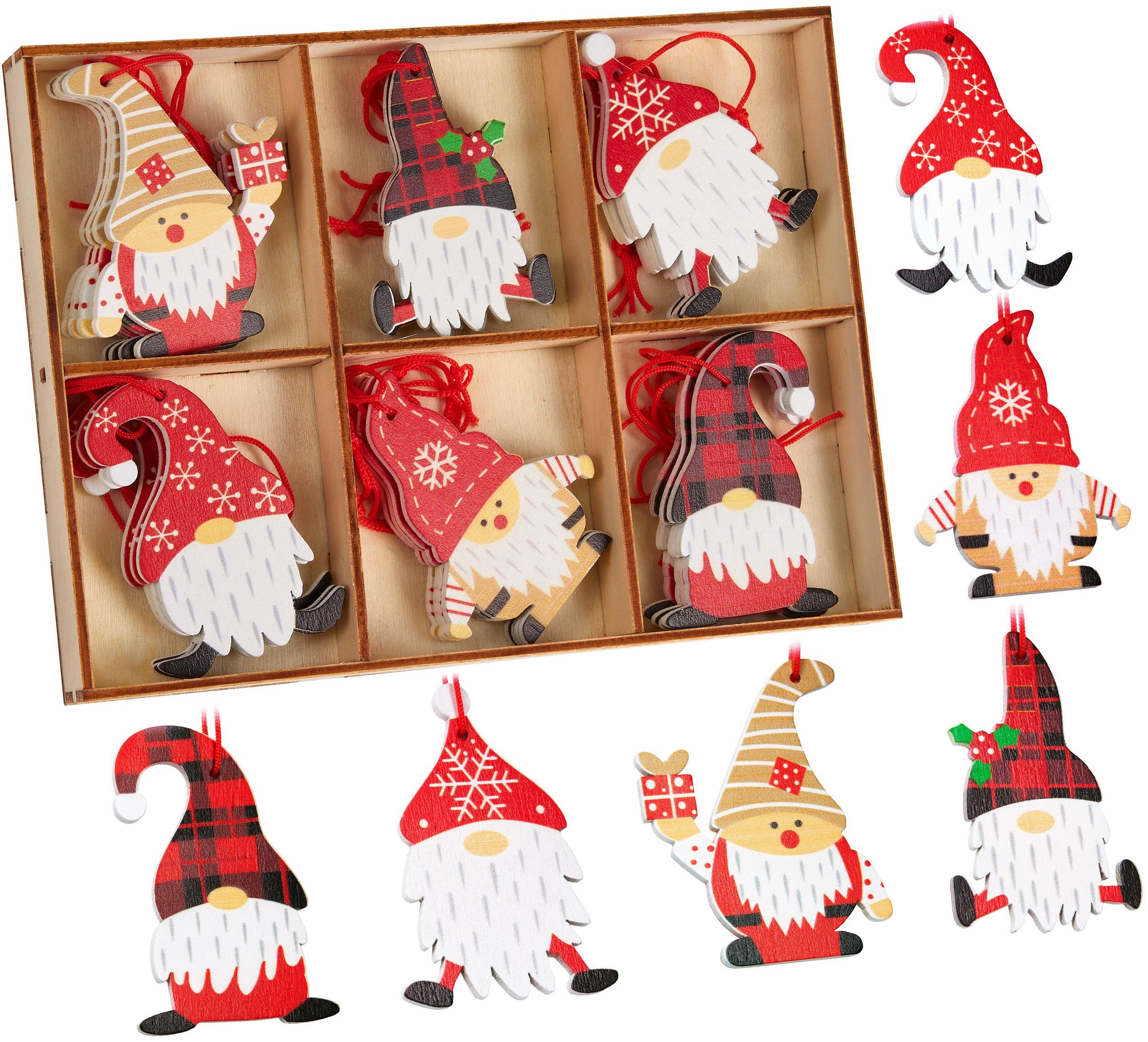 BRUBAKER Christbaumschmuck Weihnachtsanhänger Wichtel Set (24-tlg), Dekoanhänger Lustige Zwerge mit Weihnachtsmützen, 5,8 cm hoch