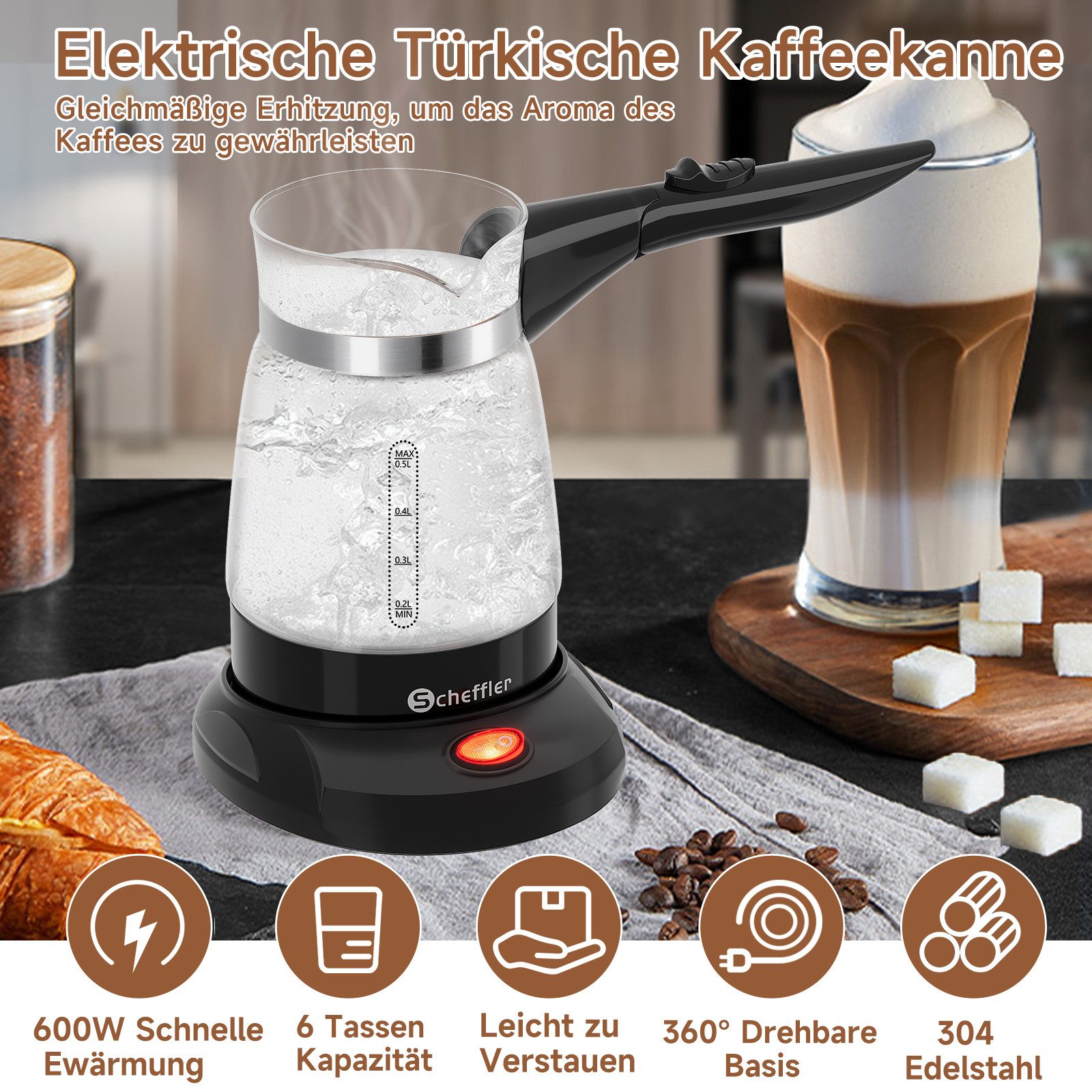 Scheffler Kaffeekanne Glas Kaffeemaschinen Türkische Kaffeekocher French Press, 0.5 l, (1-St., Milchkanne), 304 Edelstahl, Überhitzungsschutz Für Zuhause Büro Reisen
