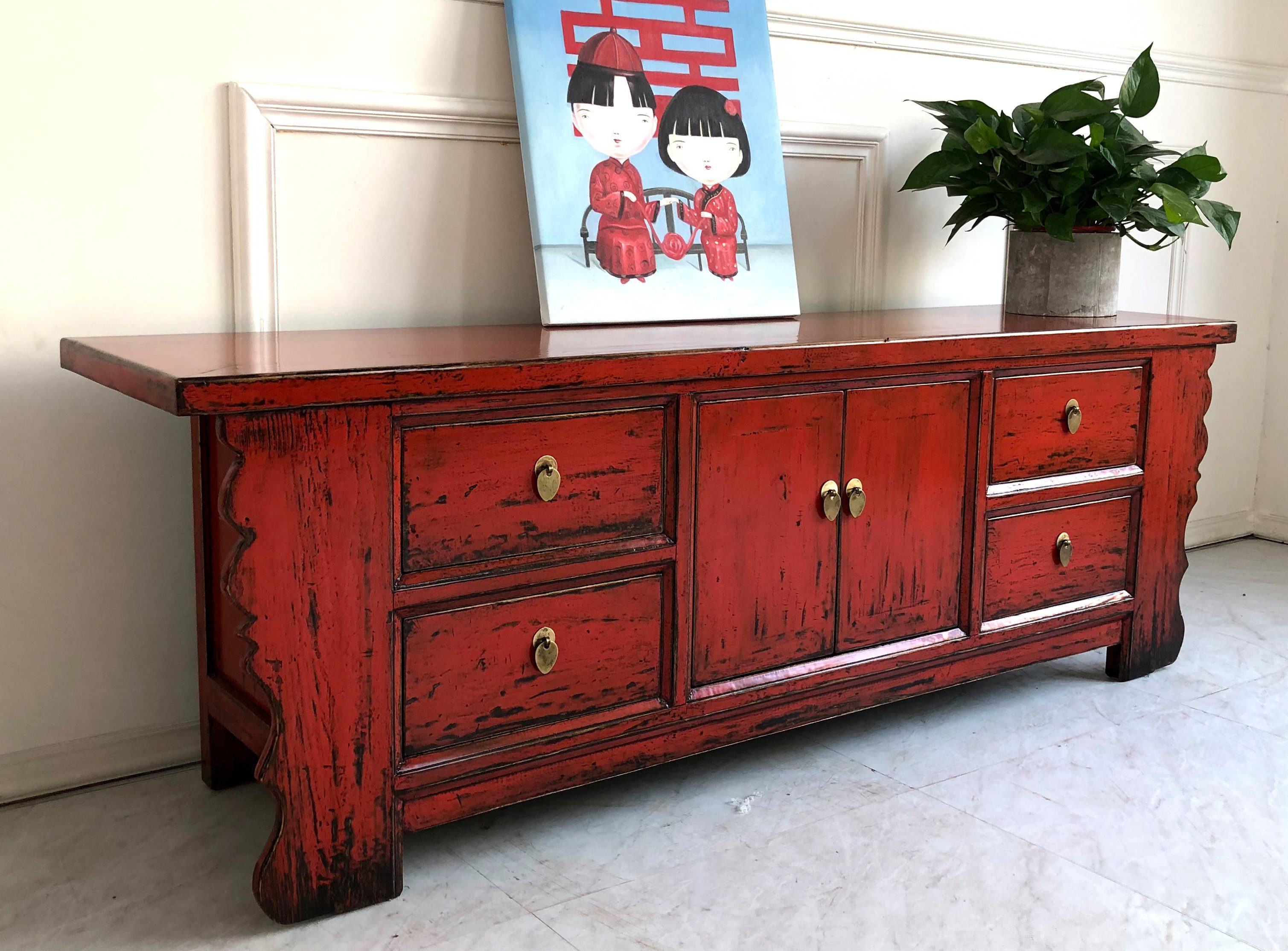 OPIUM OUTLET Kommode Asiatische Möbel Chinesischer Schrank Kommode Lowboard (Hochzeitsschrank asiatisch chinesisch orientalisch, komplett montiert, Asia TV Sideboard im Vintage-Stil aus Holz), Breite 177 cm Höhe 60 cm, rot
