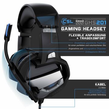 CSL Gaming-Headset (Blaue LED-Beleuchtung; Kopfbügel variabel verstellbar; Bietet kristallklaren Hoch-, Mittel- und Tieftonbereich + dynamische Basswiedergabe, USB, Mikrofon, Kopfhörer für Windows, Mac, PS3, PS4, PS4 Pro)