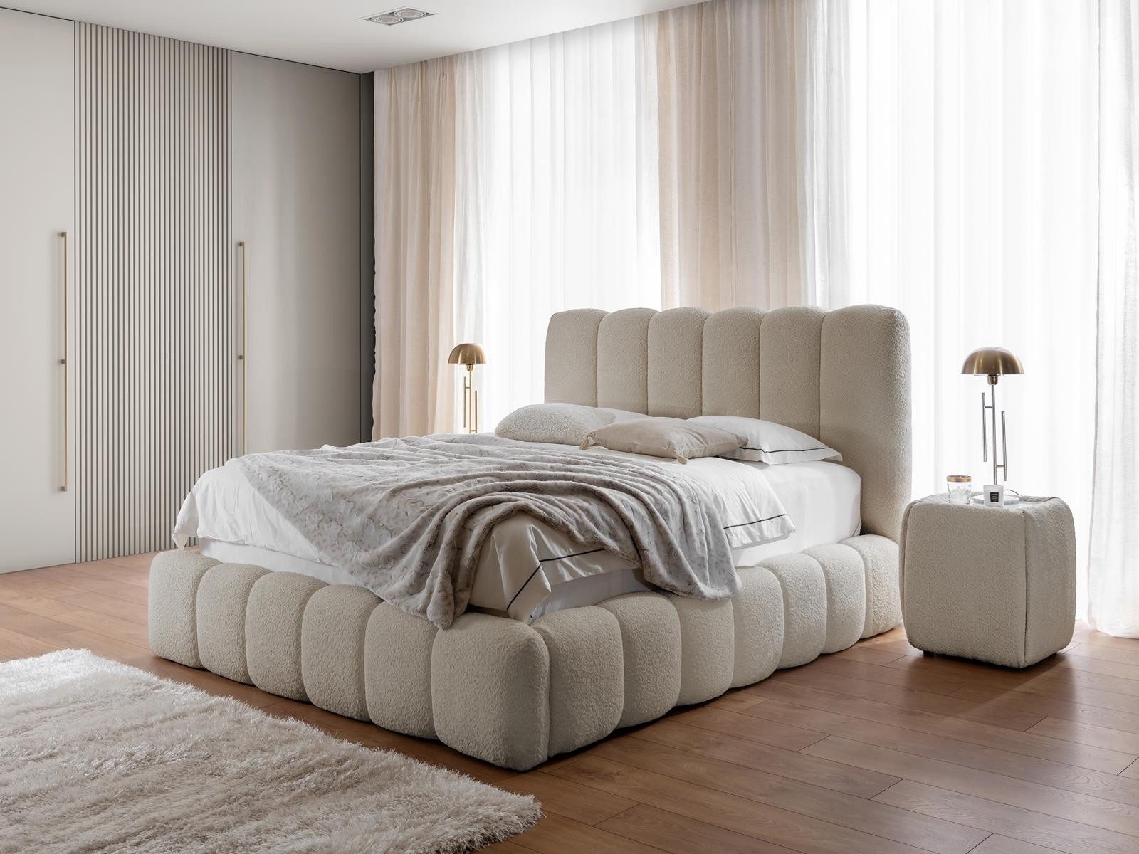 Compleo Polsterbett boucle CONDIS, Wolkenbett, Kopfteilhöhe: 127 cm (exklusives Bett), Nachttische als Option, Bett cloudy, dekorativen Rillen