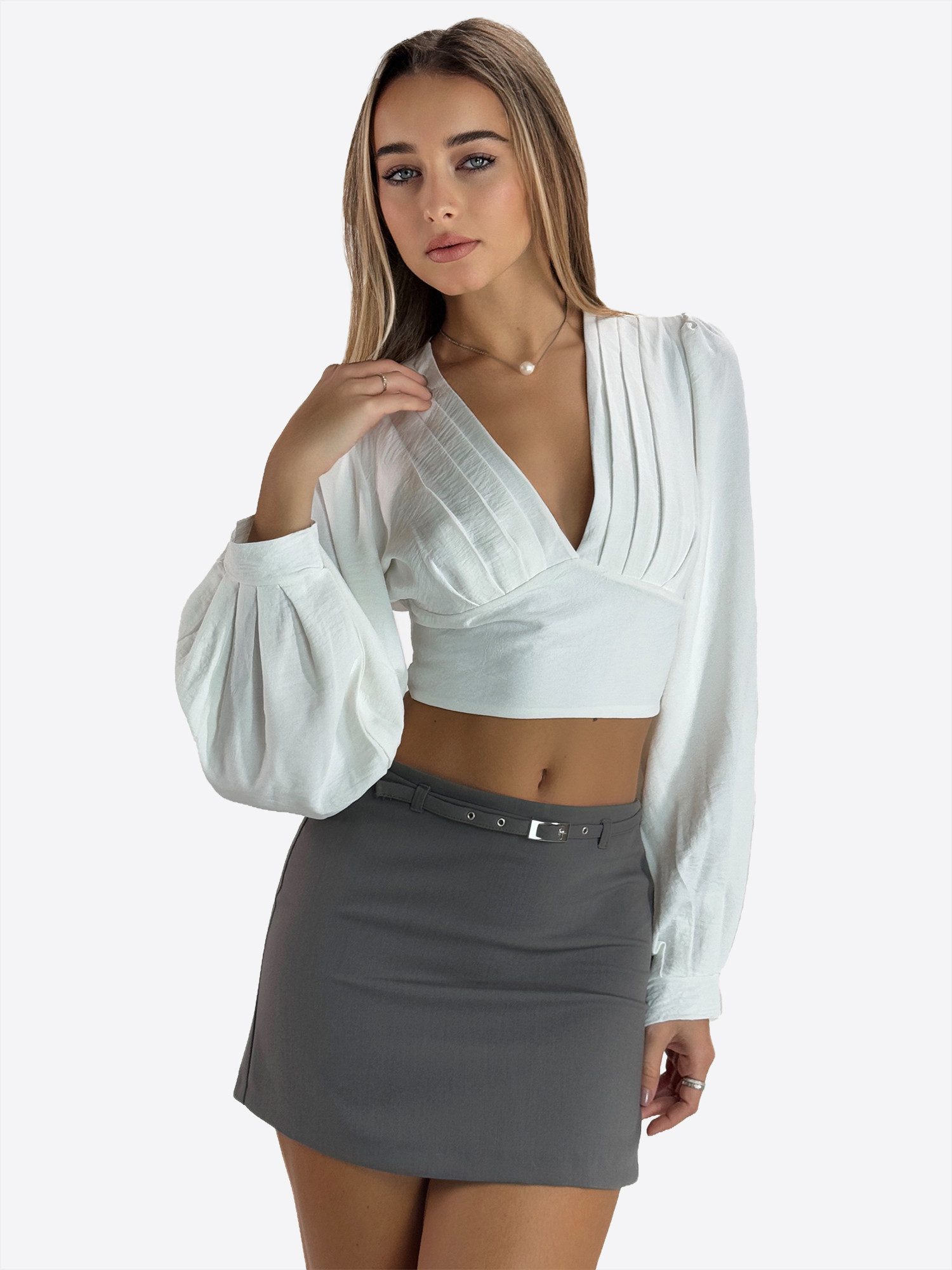Blusentop – Cropped Bluse mit V-Ausschnitt und Smokbund