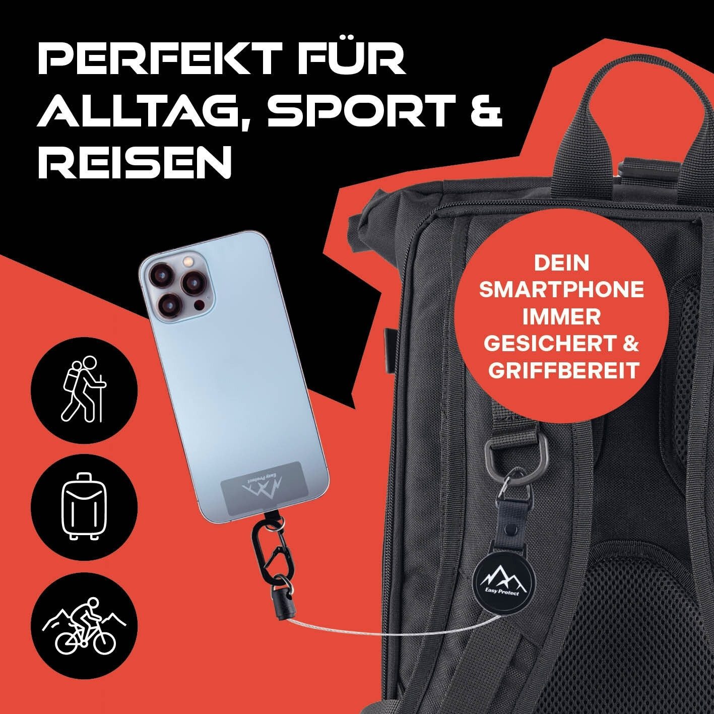 Easy Protect Handykette Peak Protect Handy Sicherung mit Stahlseil & Karabiner, Diebstahlschutz & Fallschutz für Wandern, Ski, Sport & Alltag