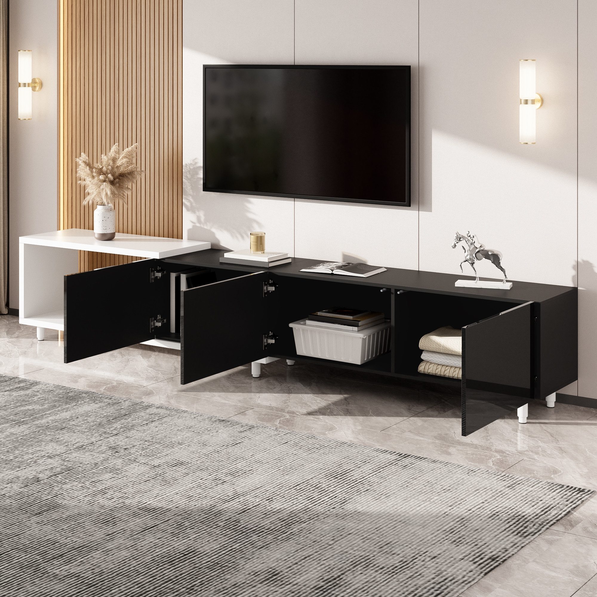 Merax Lowboard ausziehbarer TV-Schrank mit Soft-Close Scharnieren (258 L x 38 B x 48,5H(cm), 1 St), TV Lowboard mit 3 Hochglanz-Türen, Metallfüßen & Stauraum – Bild 3 von 5