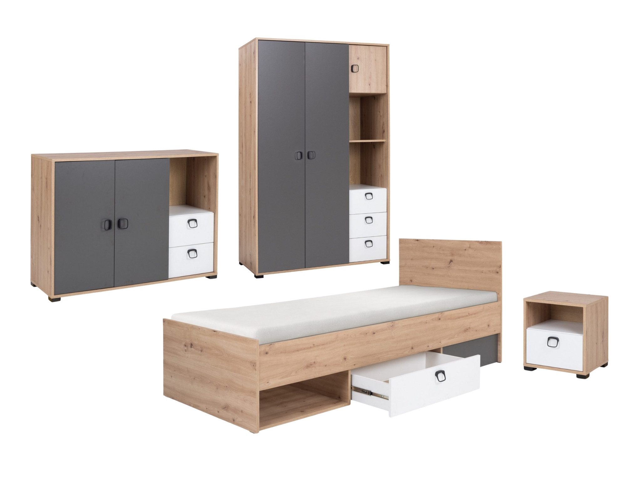 Deine Möbel 24 Jugendzimmer-Set KAMI 2 Jugendzimmer Jugendmöbel Kinderzimmer komplett, (4-tlg., Möbel fü Kinder Jugendliche), Funktionsbett Jugendbett Nachttisch Regal Kommode
