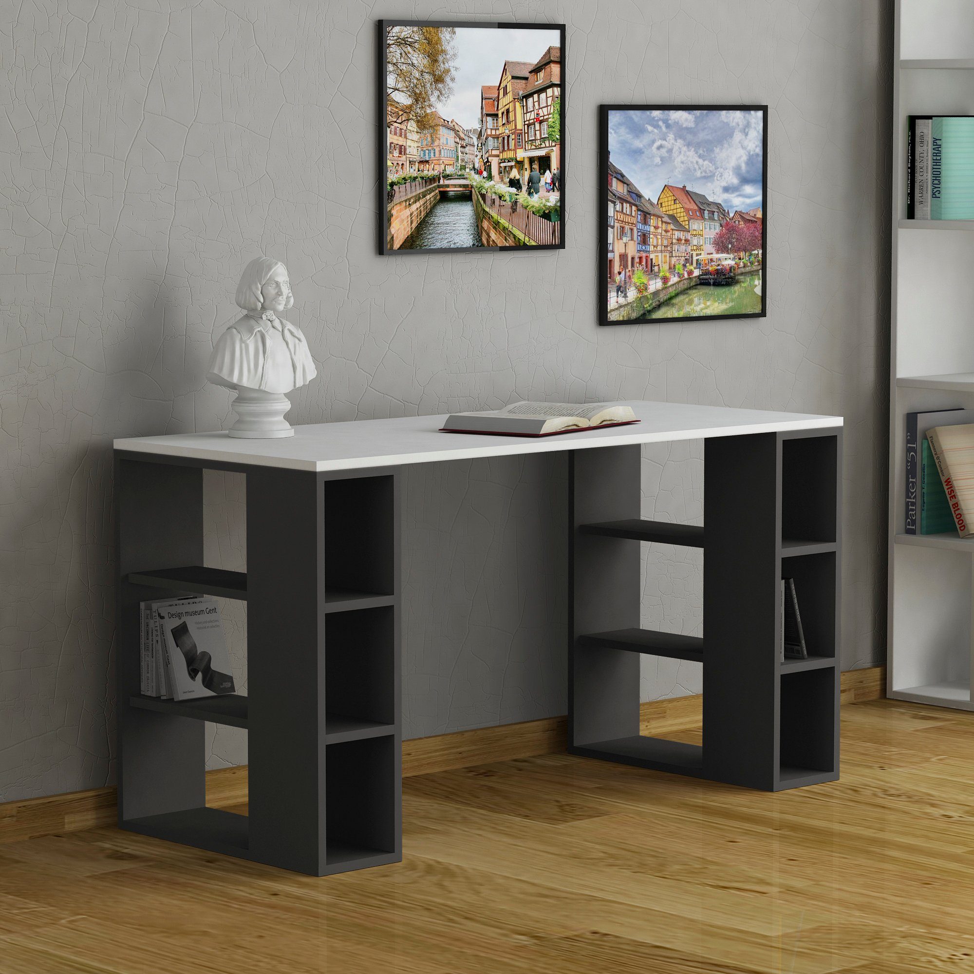Decortie Schreibtisch Colmar (1 Tisch), Moderner Schreibtisch Mit Bücherregal, 140 x 60 x 75 cm weiß-anthrazit