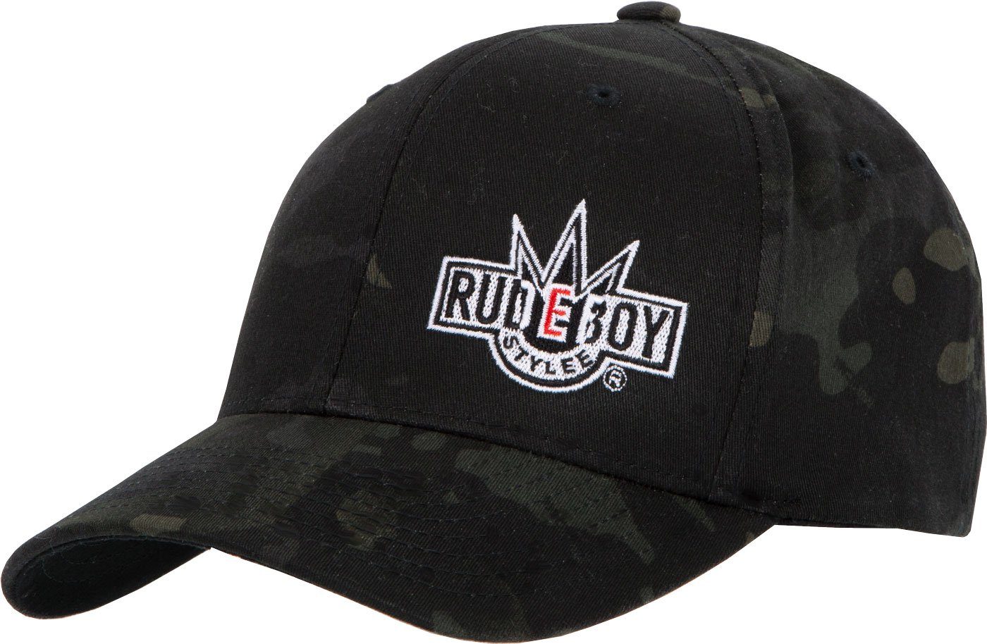 Rudeboy Stylee Baseball Cap Flexfit Cap Multicam Camouflage Unisex mit Stick von Rudeboy Stylee hinten geschlossen, verstärkte Front, mittleres Profil Schwarz