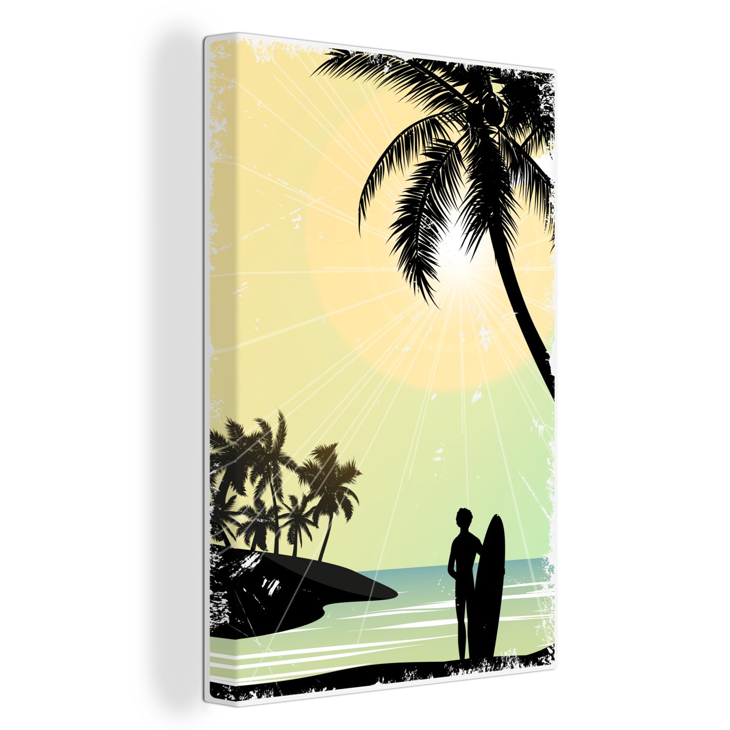 bespannt Palmen, - St), inkl. Strand - cm Zackenaufhänger, Surfbrett - fertig Gemälde, 20x30 OneMillionCanvasses® (1 Leinwandbild Leinwandbild Sonne