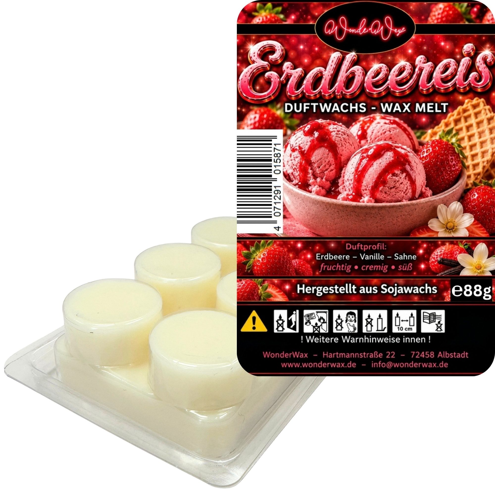 WonderWax Duftwachs WonderWax® Duftriegel 6 x Duftwachs Kreise Weiß, 100% Sojawachs (Erdbeereis), Duftrichtung: Erdbeereis