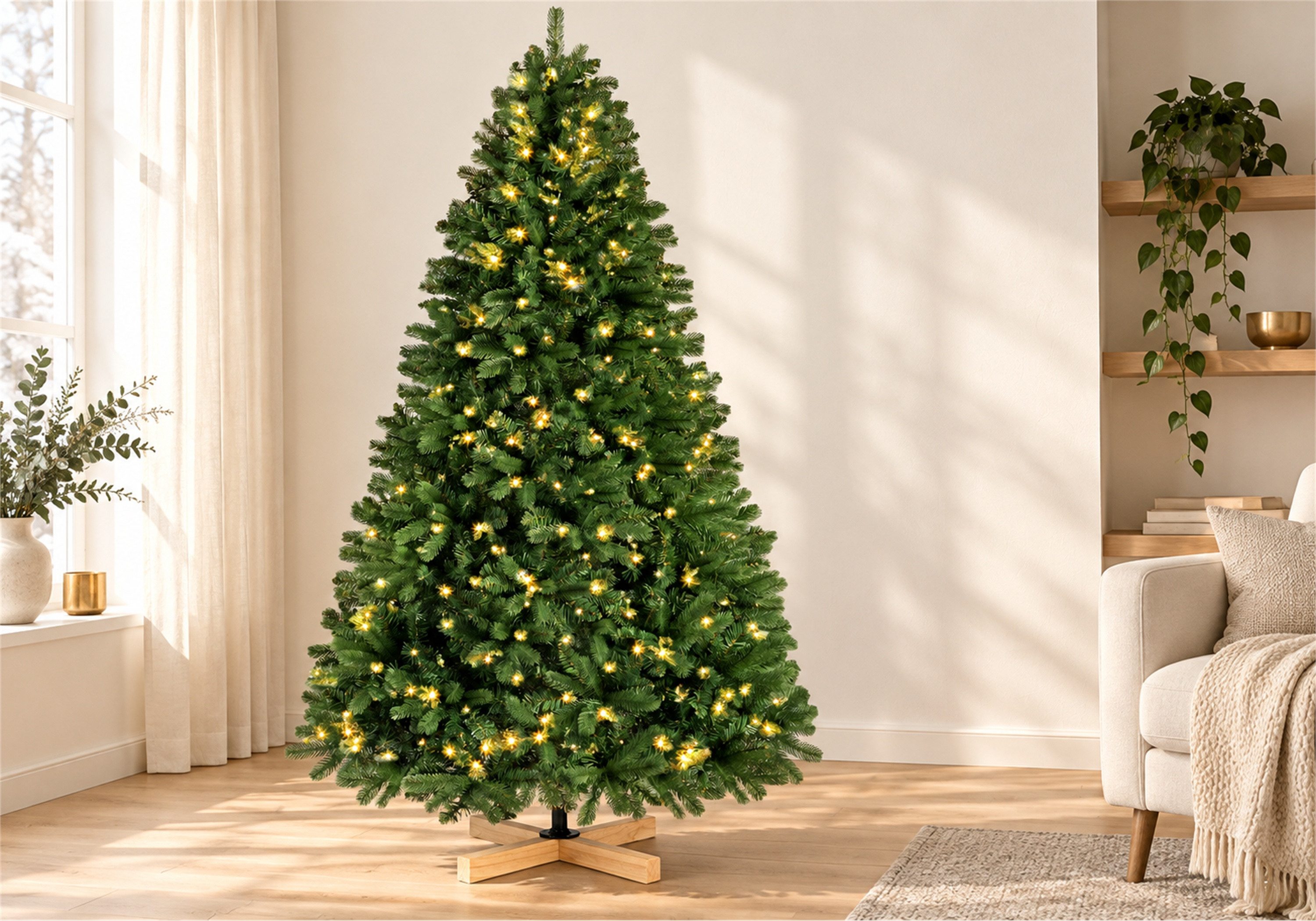 Vankel Künstlicher Weihnachtsbaum mit Beleuchtung, Holzständer, dichter Tannenbaum, grüne Weihnachtsdeko, Dichter Tannenbaum in Grün mit dekorativem Holzfuß und – Bild 2 von 5
