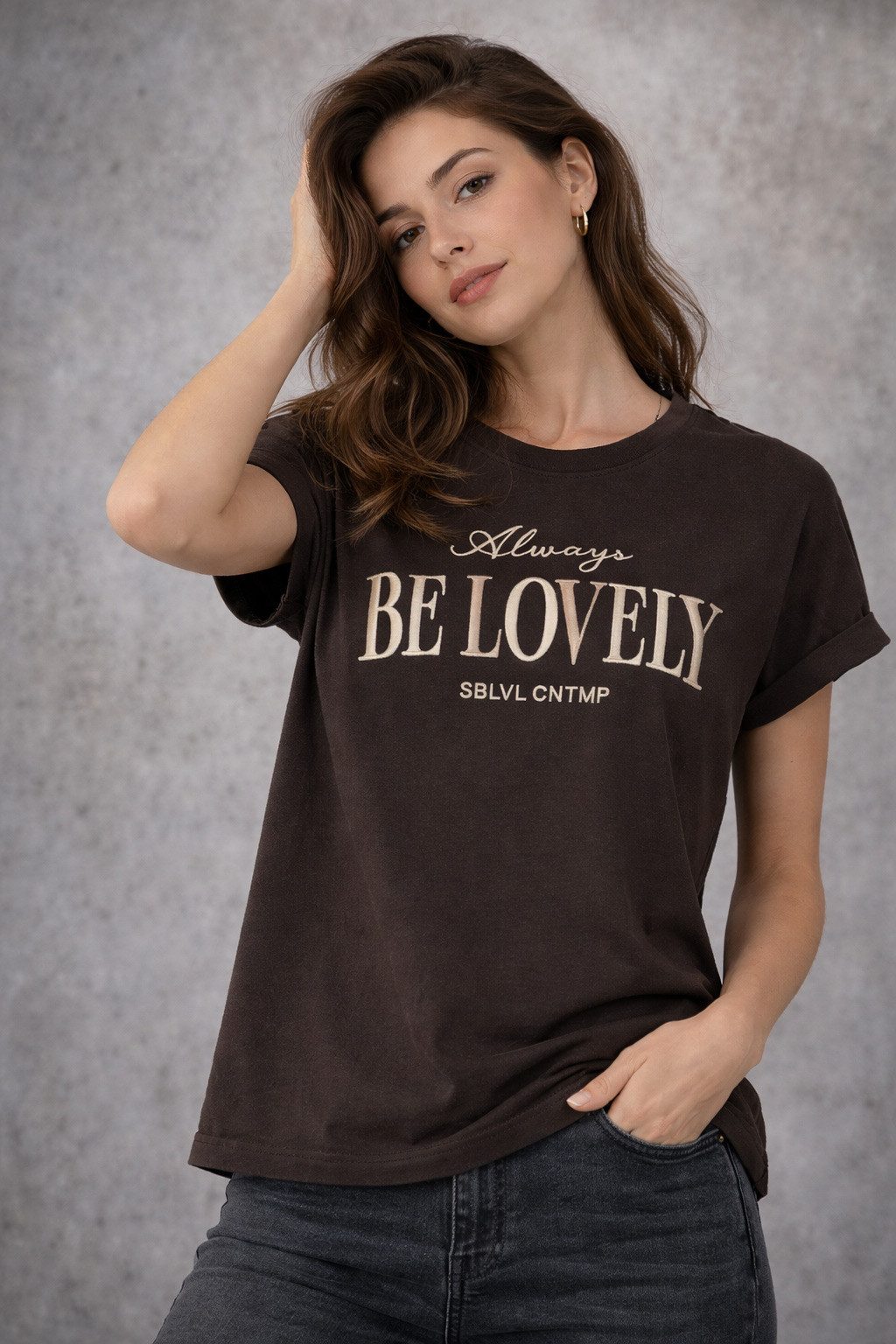 SUBLEVEL T-Shirt Damen Shirt Turn-Up Ärmel Weiches Basic Shirt Rundhals Kurzarm Baunwolle Modal Mix, super soft, unifarben, markenlogo