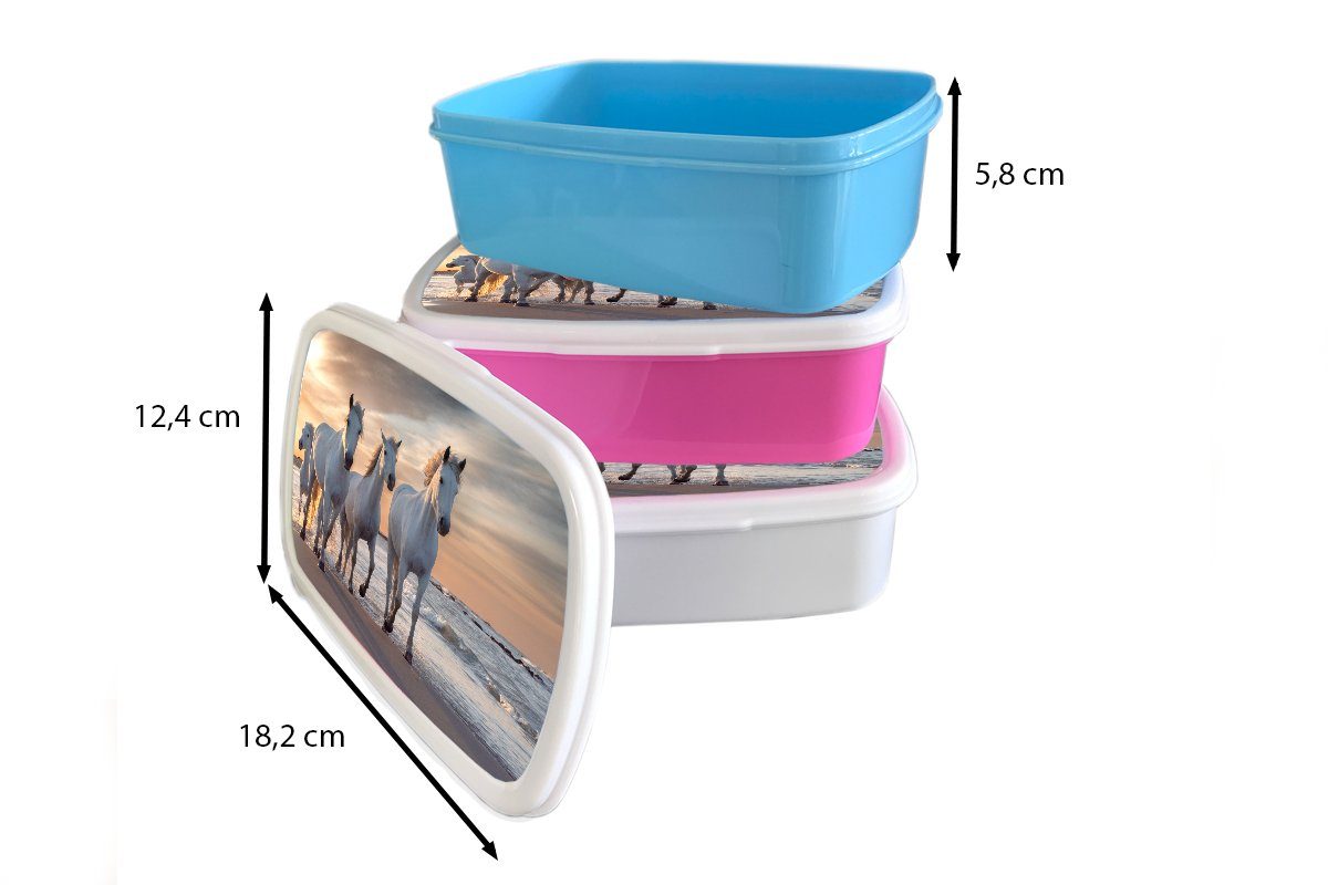 Lunchbox Brotbox (2-tlg), Kunststoff, weiß Brotdose, Kinder - Mädchen und Meer, Jungs Strand für und Erwachsene, MuchoWow Sonne - - Pferde für