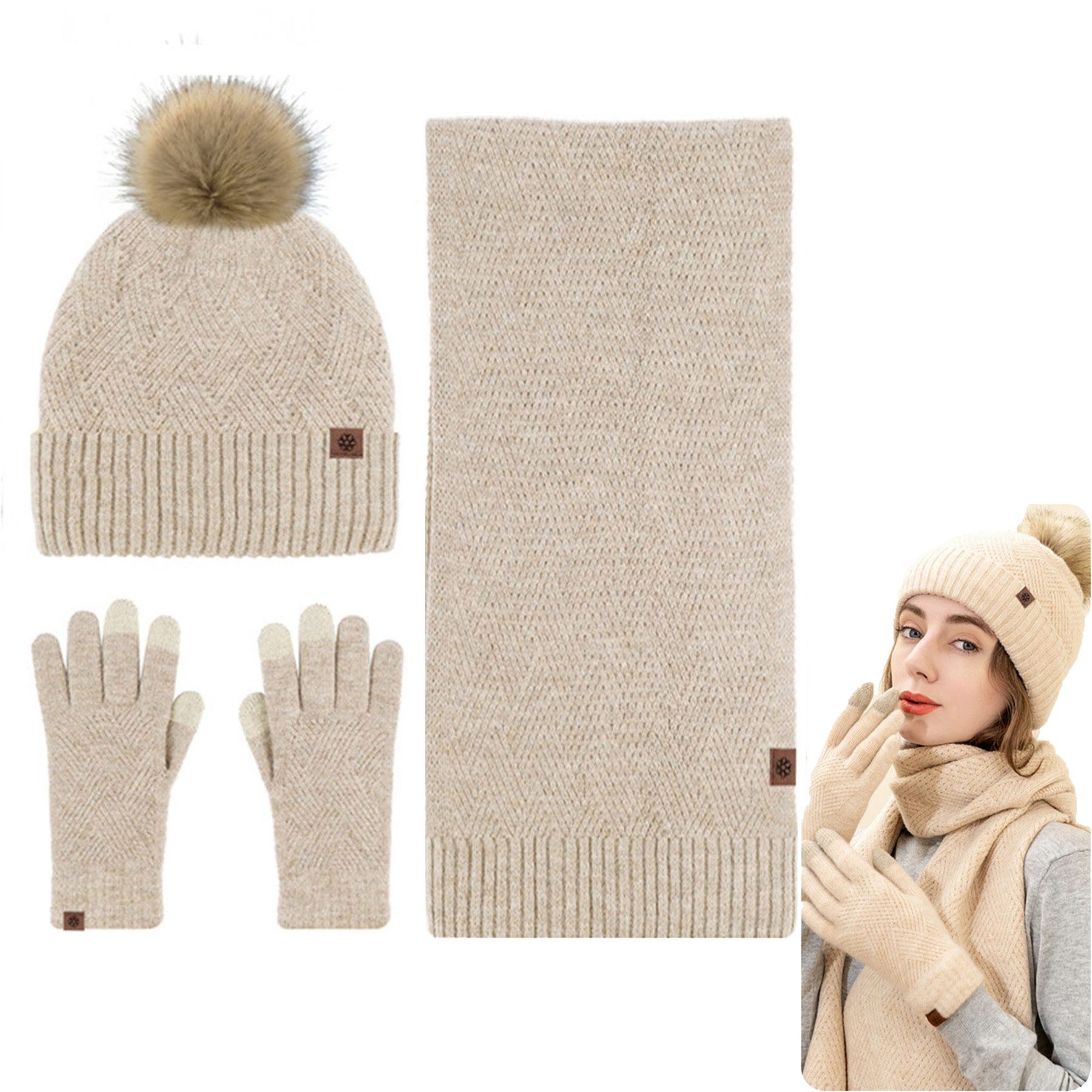 Mutig Mütze & Schal Mütze Schal Handschuh 3-Set,Gestrickte Touchscreen-Handschuhe (Winter Weich Warm,Warmes Strick-Set mit Futter,Damen Unisex, Hergestellt aus weichen Wolle,Winter Geschenk-Mehrfarbig) Geschenk zu Weihnachten, Erntedank oder Neujahr