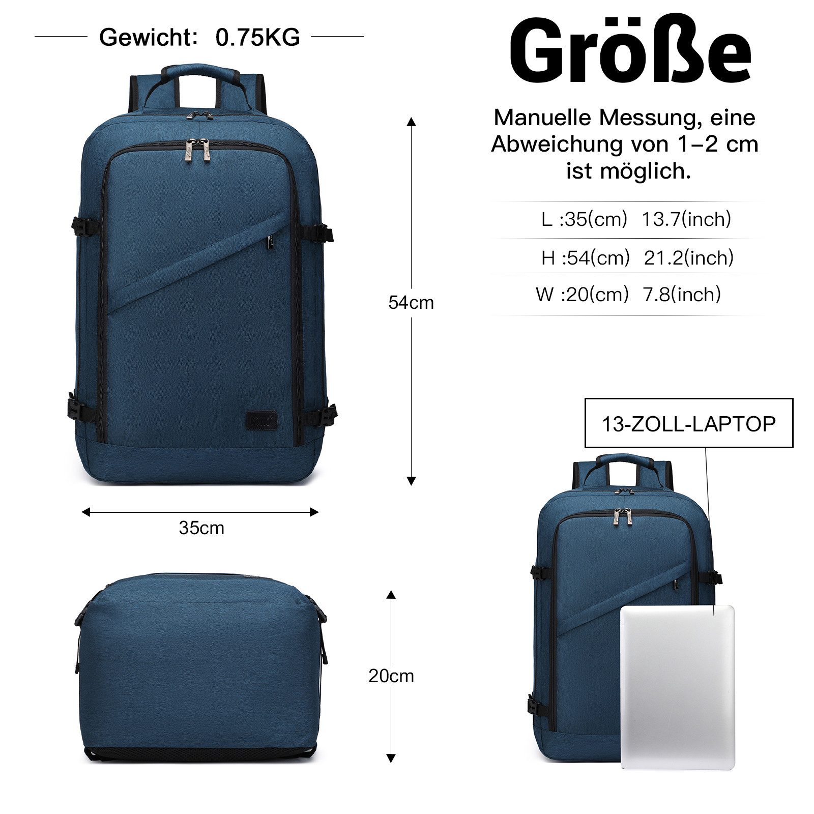 KONO Rucksack Handgepäck-Rucksack mit vielen Fächern Leichtgewicht günstig online kaufen