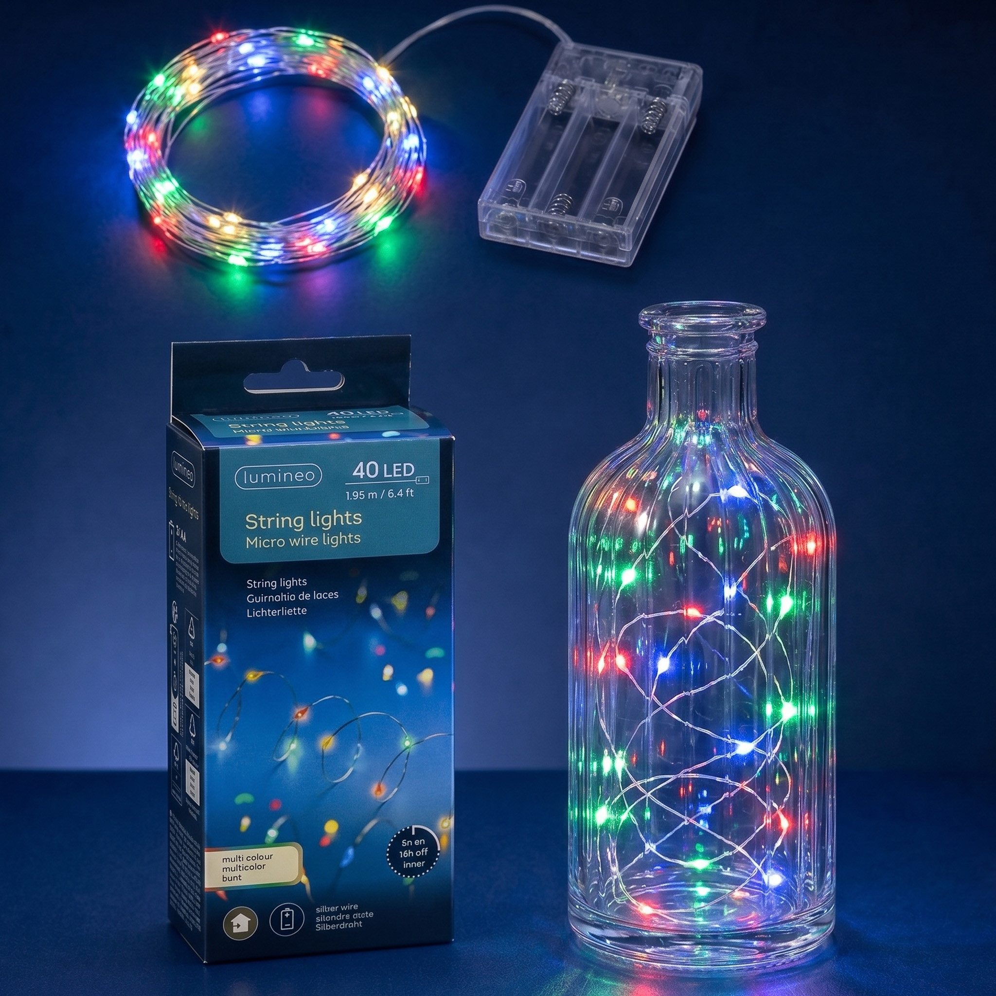 Lumineo LED-Lichterkette, LED Draht Lichterkette 1,95m Batterie 40 Micro-LEDs Bunt / Silber