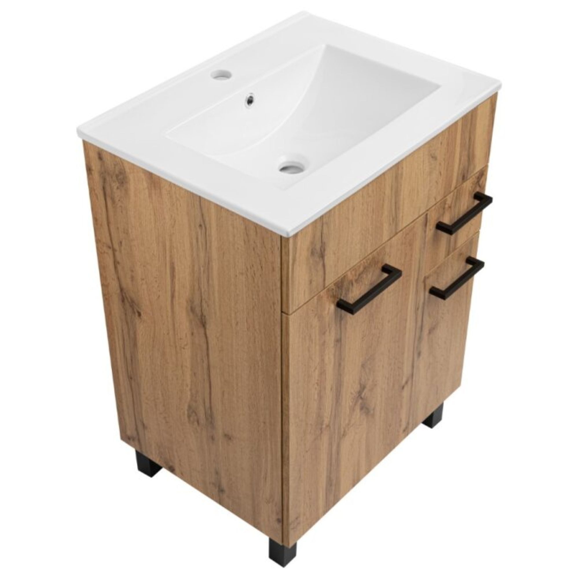 STAMAR Waschbeckenunterschrank Badmöbel Set 60cm Eiche Wotan Unterschrank mit Keramikwaschbecken Schrank mit oder ohne Armatur Siphon 2 Türen Schublade Schwarz Griffe