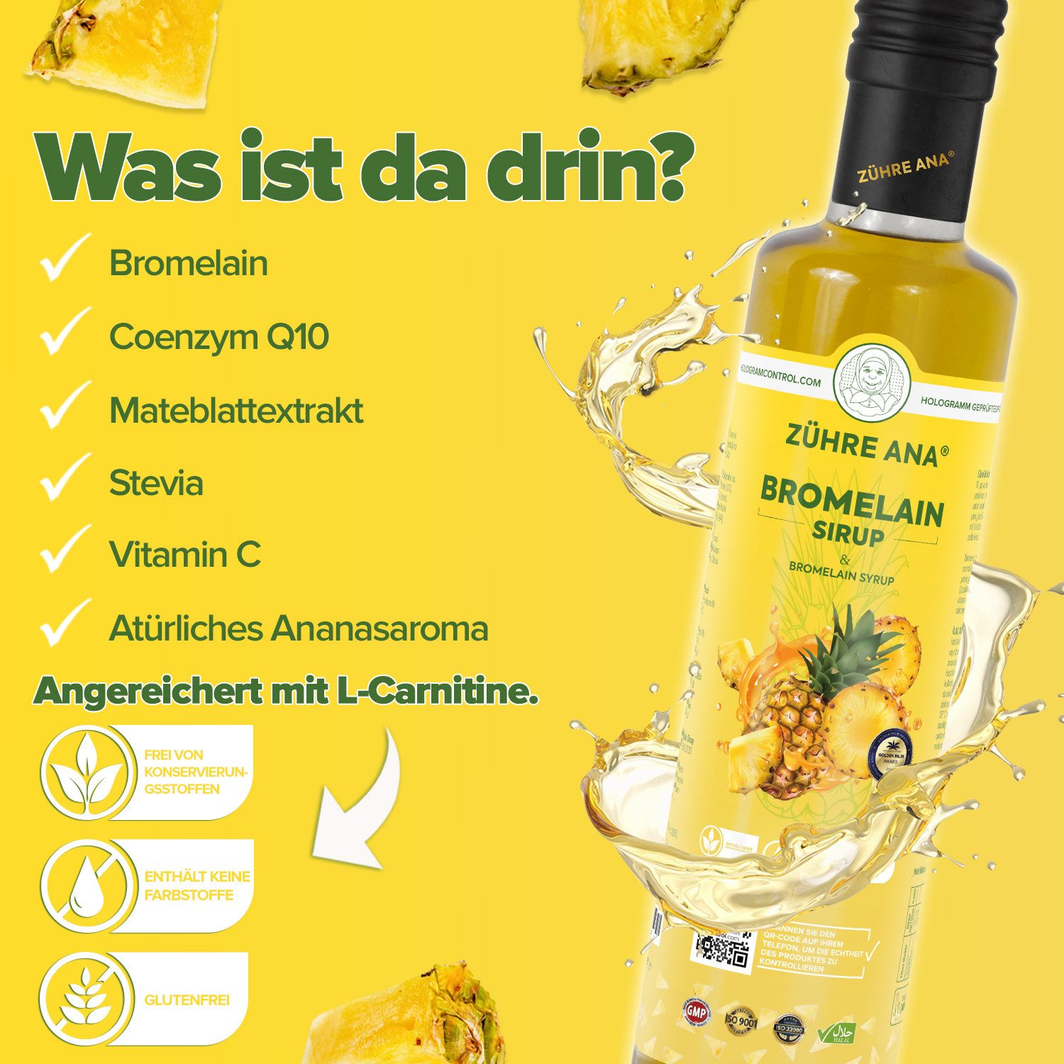 Zühre Ana® Bromelain Sirup-Natürlich Ananas – Reichhaltige und Natürliche Formel sirup, 250 ml, Enthält L-Carnitin, Akaziengel und Bromelain, Vitamin C
