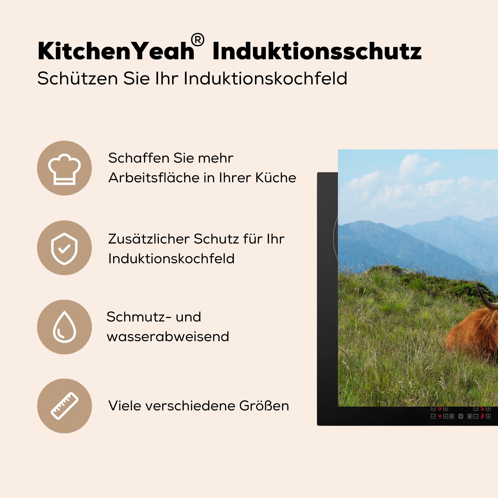 nutzbar, tlg), - Schottische Herdblende-/Abdeckplatte Highlander cm, - Berge, 70x52 Mobile Arbeitsfläche (1 Vinyl, MuchoWow Ceranfeldabdeckung Landschaft