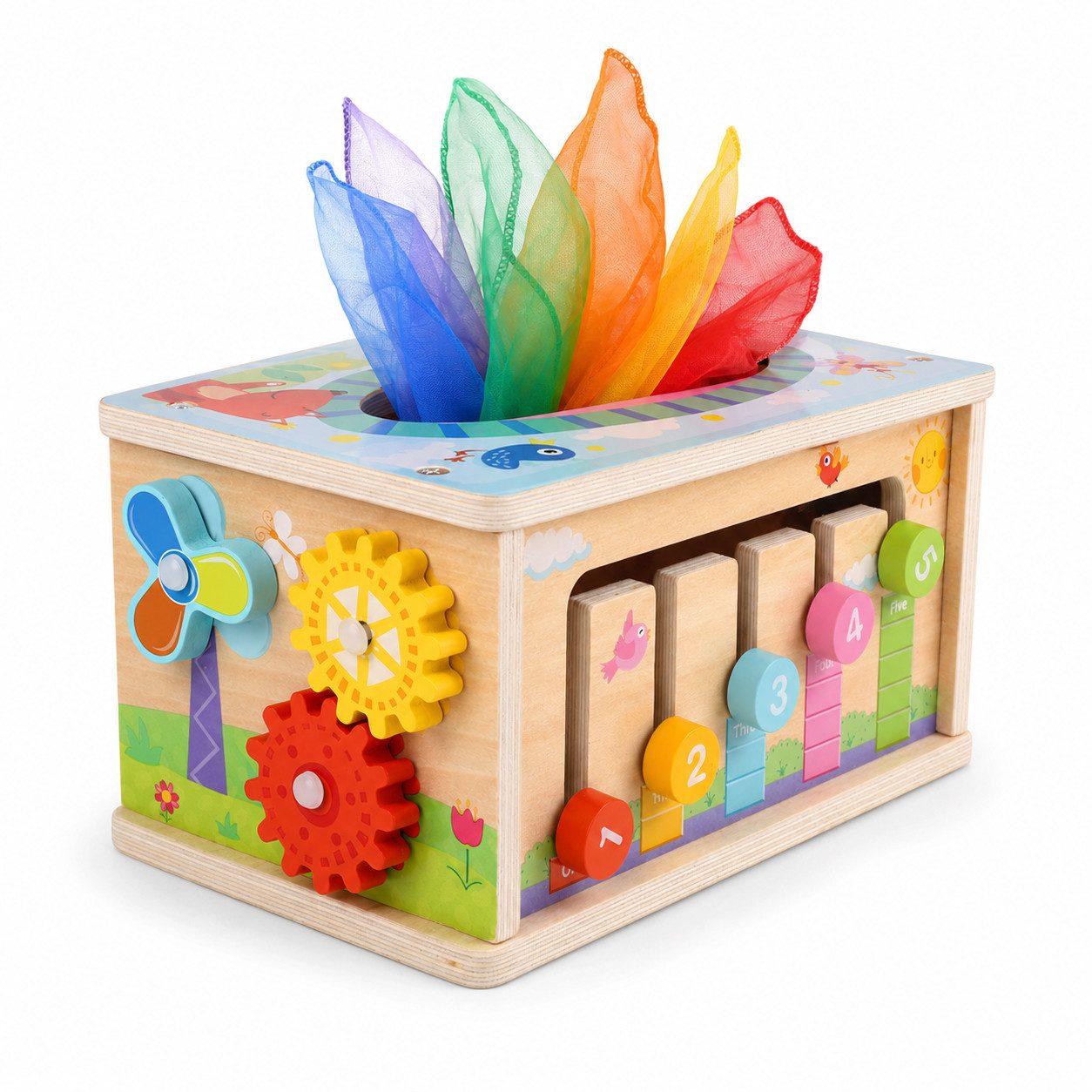 ibettertec Lernspielzeug Montessori Spielzeug, Tücherbox, Holzspielzeug, Motorikwürfel (Spar-Set, 1-St., 6-in-1 Holz Montessori ab 6M: Tuchspiel, Angeln, Sortierer, Motorik), 6-in-1 Montessori Holzspielzeug, BPA-frei, fördert Feinmotorik