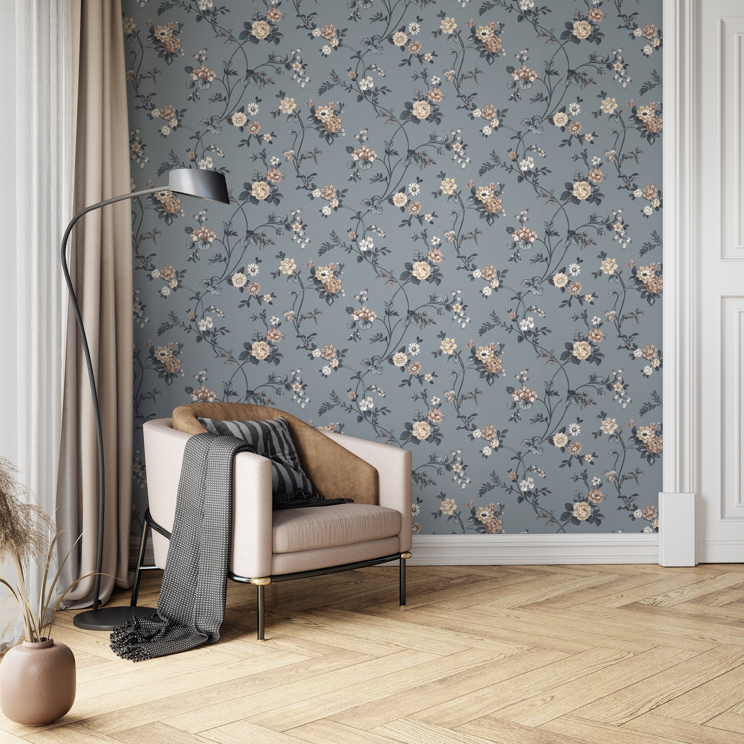 Newroom Vliestapete Liana Tapete Blumentapete Blumen,Blüten,Wiese, Grau Tapete Landhaus Blumen - Blumentapete Beige Weiß Romantisch Floral Blüten Wiese für Wohnzimmer Schlafzimmer Büro, modern
