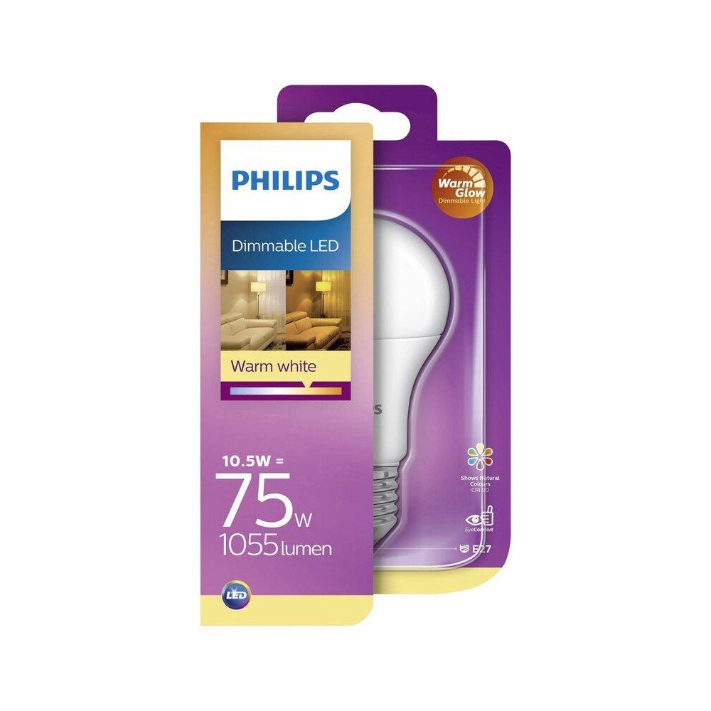 Philips LED-Leuchtmittel Philips LED E27 Warmweiß E27, 1055lm A60 10,5W = Warmweiß WarmGlow 2700K 75W DIMMBAR