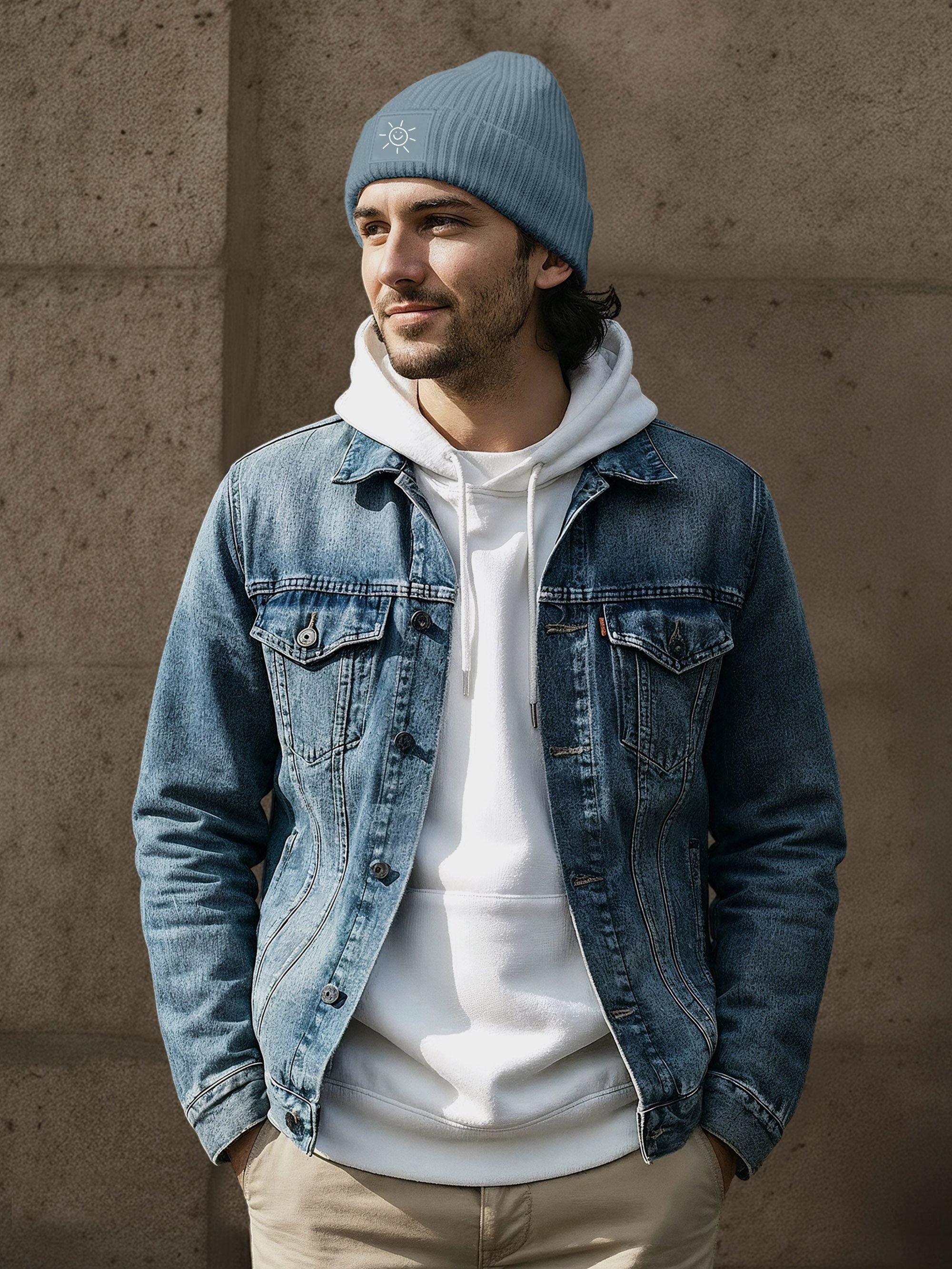 Neverless Strickmütze Herren Mütze Beanie mit Aufdruck Sonne Smile Wintermütze Print