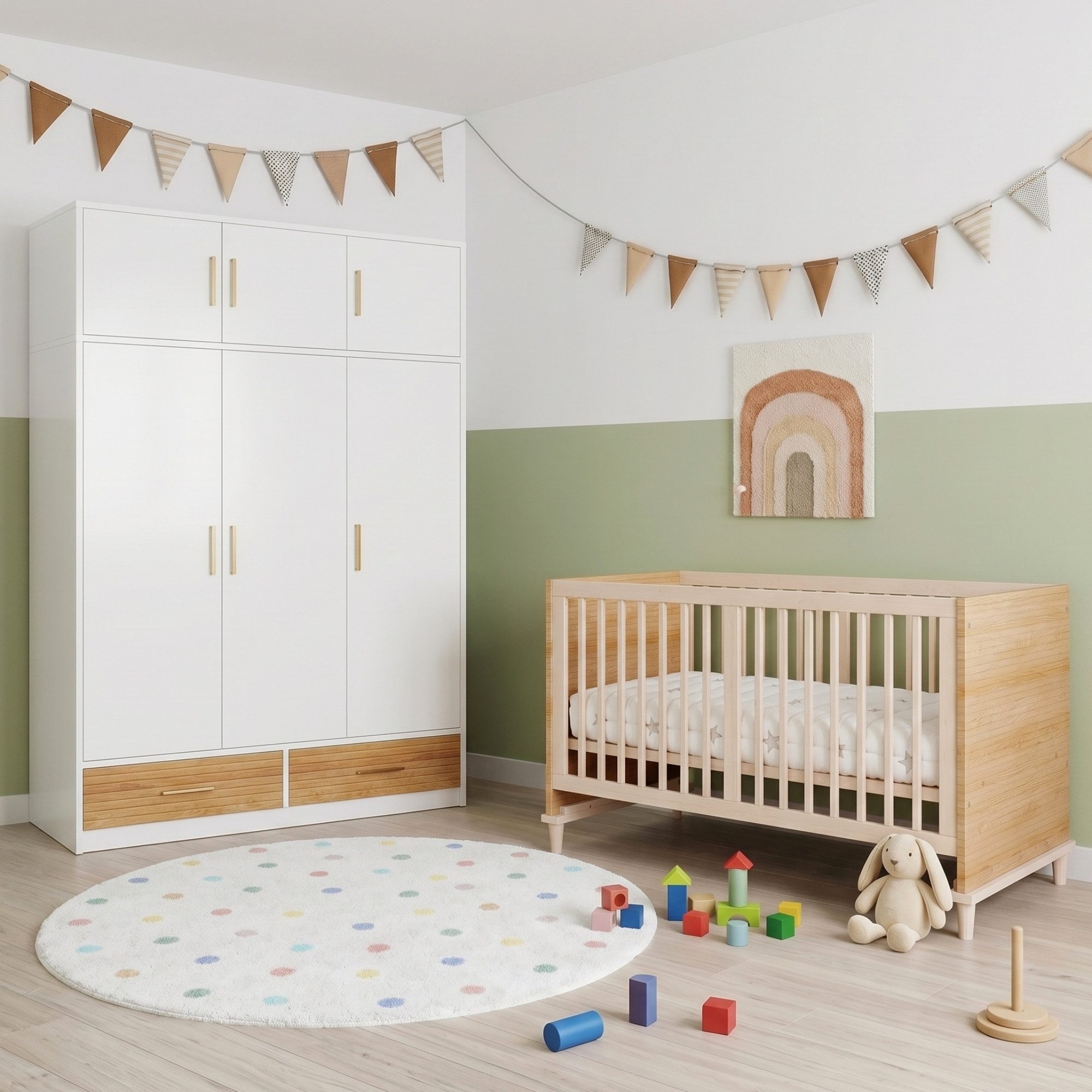 MIBODE Babymöbel-Set 3-tlg. Babyzimmer Set: Bett & Kleiderschrank, Naturholz
