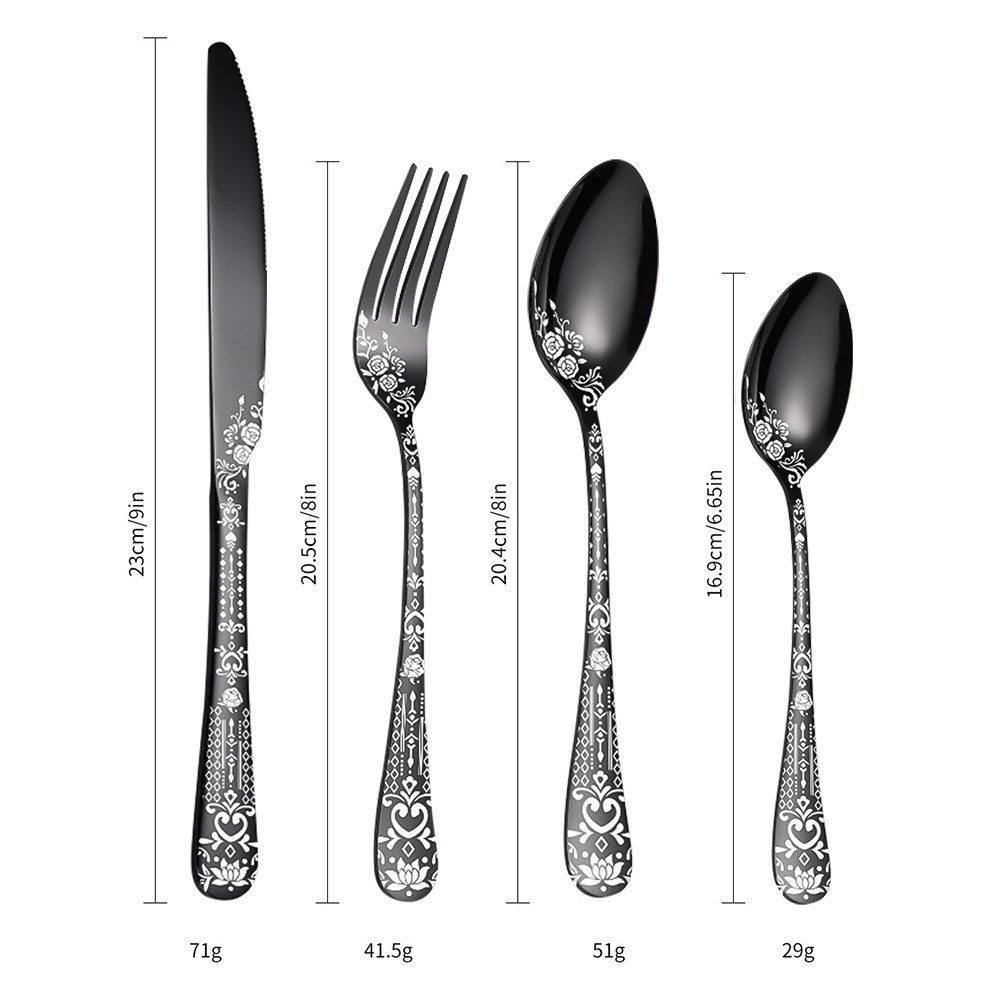 KingLux Besteck-Set 24Stk.Schwarz Besteck-Set für 6 Personen Edelstahl mit Blumenmuster (24-tlg), 6 Personen, Edelstahl